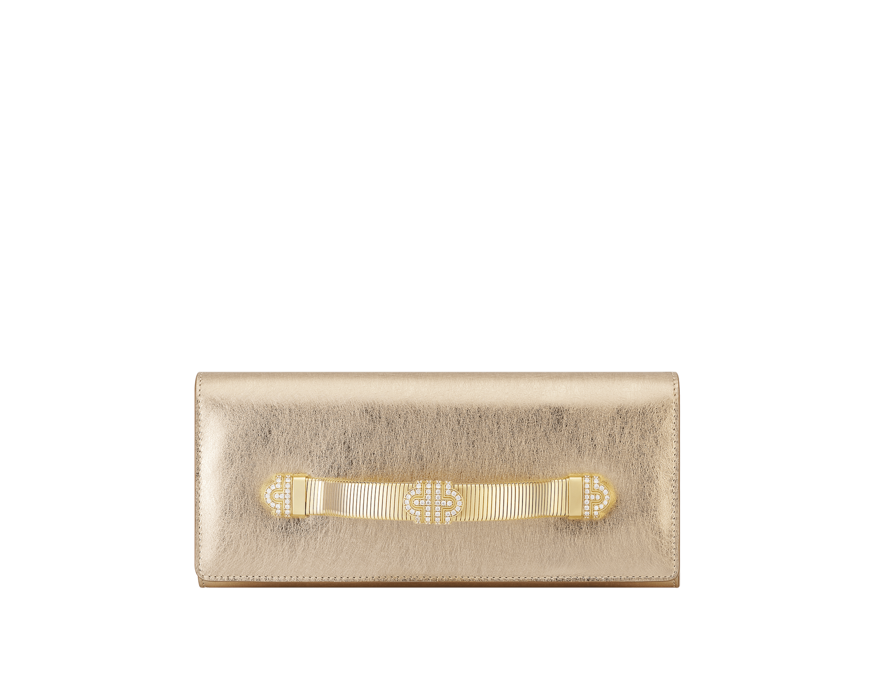 Bvlgari Tubogas Abendclutch aus goldfarbenem Striated-Kalbsleder mit Futter aus Nappaleder in Crystal Rose. Ikonischer Tubogas Henkel aus vergoldetem Messing mit Zirkonia-Steinen und Magnetverschluss. 295450 image 1
