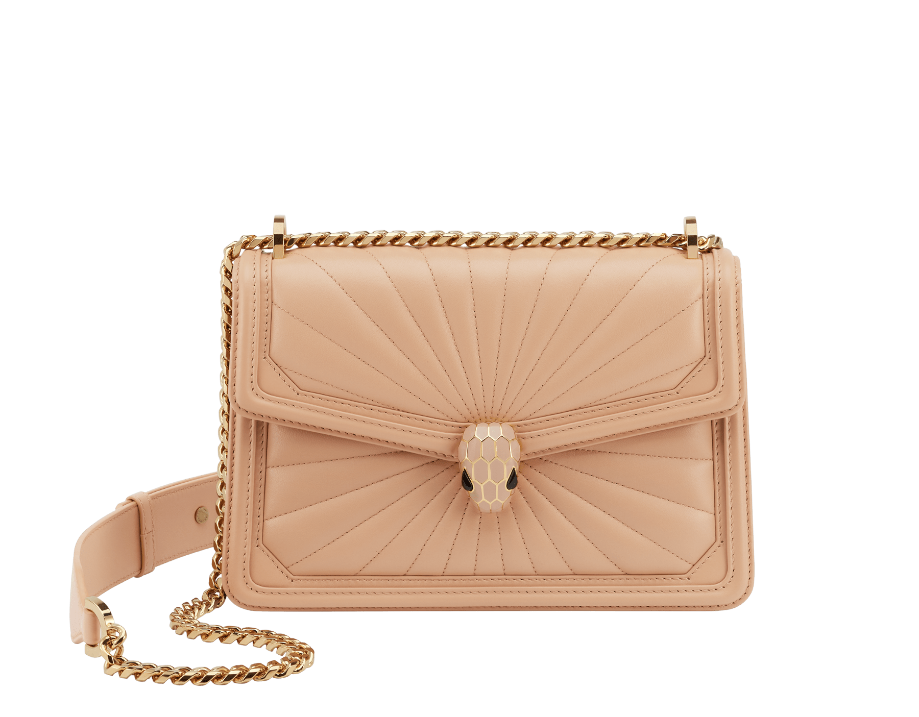 Serpenti Diamond Blast small shoulder bag in ivory opal Sunshine quilted nappa leather with black nappa leather lining. Captivating snakehead closure in light gold-plated brass embellished with matte and shiny ivory opal enamel scales and black onyx eyes. 922-SQ image 1