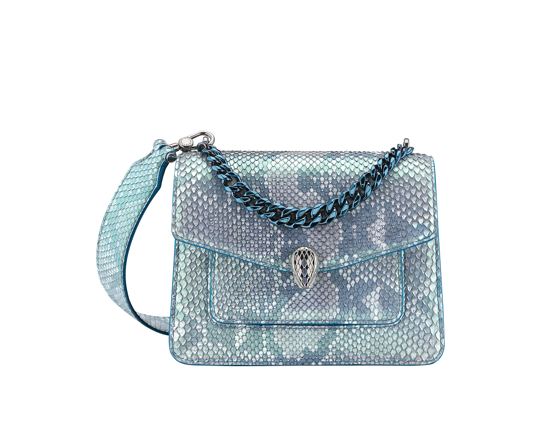 "Serpenti Forever" small maxi chain crossbody bag in Aquamarine light blue "Afterglow" python skin with a pearled effect, and an Aquamarine light blue nappa leather internal lining. New Serpenti head closure in dark ruthenium-plated brass, finished with small grey mother-of-pearl scales in the middle, and red enamel eyes. MCN-AP-A image 1