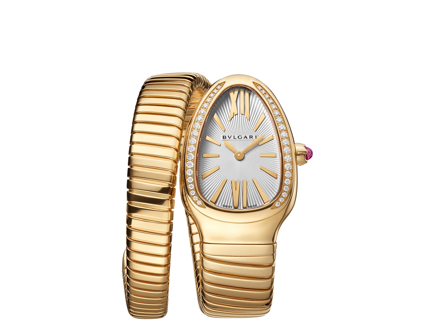 Serpenti Tubogas Lady watch, 35 mm 18 kt yellow gold curved case set with diamonds , 18 kt yellow gold crown set with a cabochon cut pink rubellite , white opaline dial with guilloché soleil treatment and hand-applied indexes, single spiral 18 kt yellow gold bracelet. Quartz movement, hours and minutes functions. Water proof 30 m. 101924 image 1