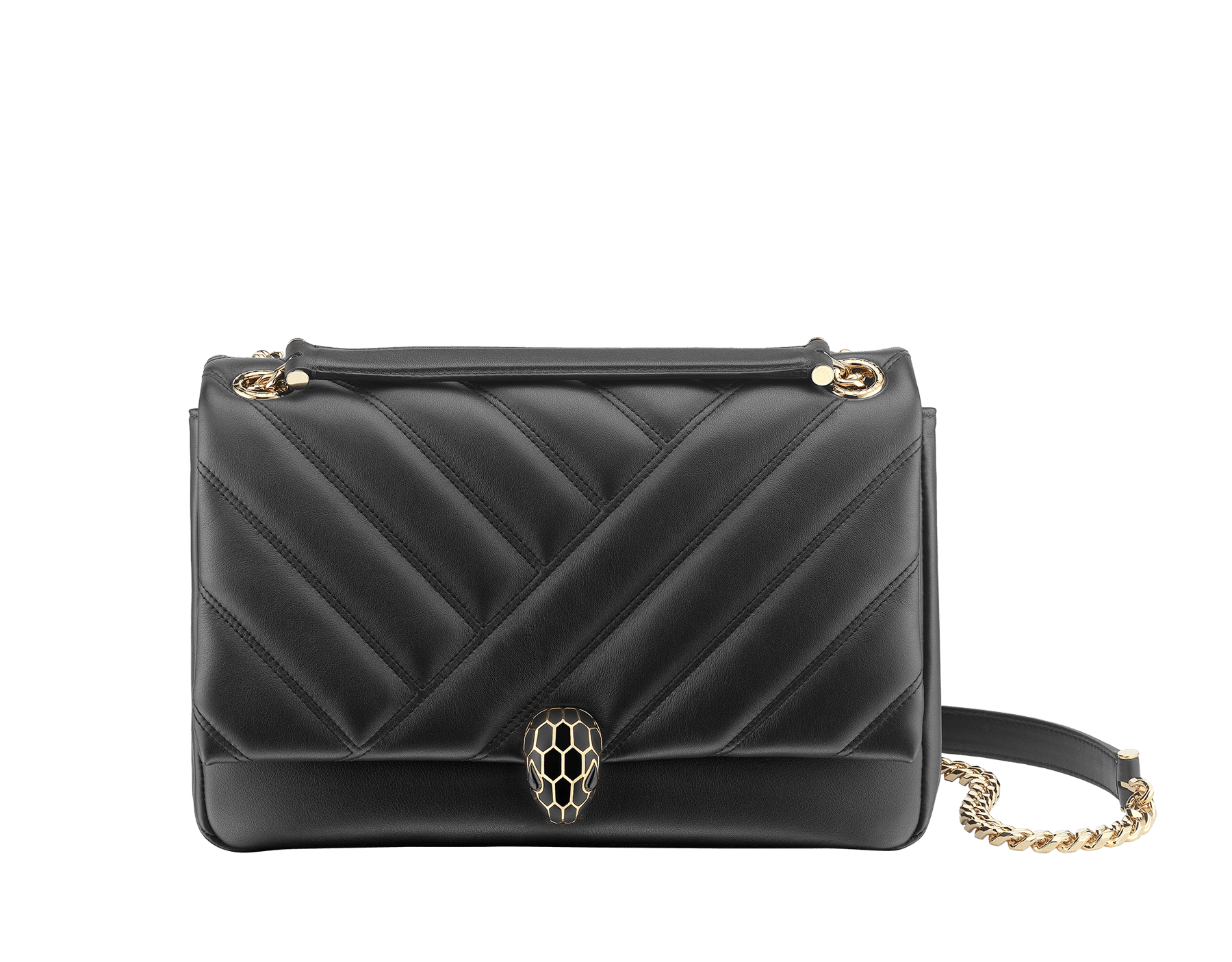 Serpenti Cabochon shoulder bag in soft matelassé white agate nappa leather with graphic motif and white agate calf leather. Snakehead closure in rose gold plated brass decorated with matte black and white enamel, and black onyx eyes. 979-NSM image 1