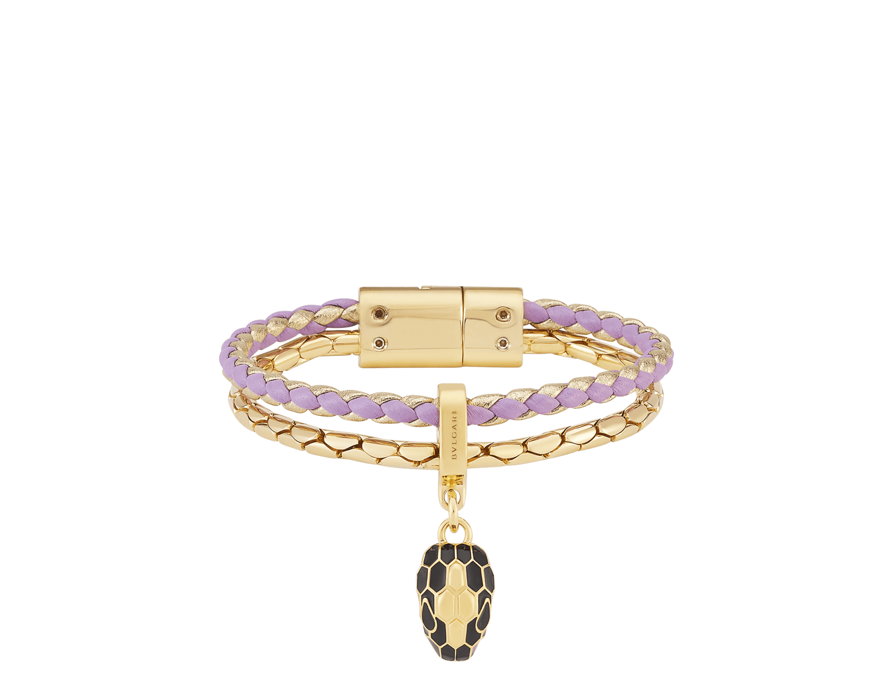 Serpenti Forever 手環，採用淺紫水晶色與淡金色編穗小牛皮，金色黃銅鍊帶，磁扣開合。迷人的蛇頭吊飾飾以黑色琺瑯與金色黃銅蛇鱗，蛇眼飾以黑色琺瑯。 SERP-BRAID-CHAIN-LightAmethyst image 1