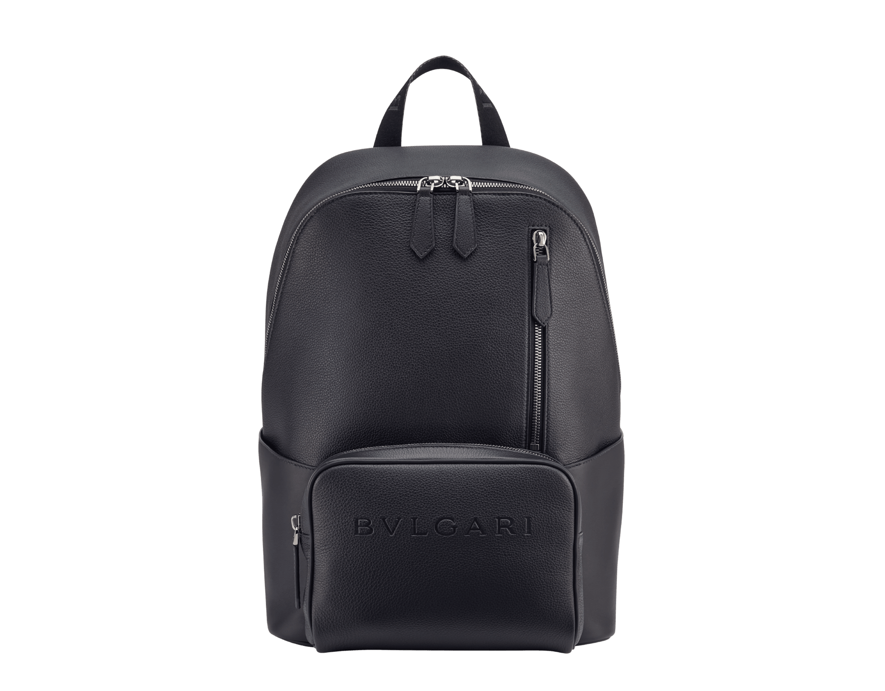 BULGARI Man large backpack in black smooth and grainy metal-free calf leather with Olympian sapphire blue regenerated nylon (ECONYL®) lining. Dark ruthenium-plated brass hardware, hot stamped BULGARI logo and zipped closure. 291922 image 1