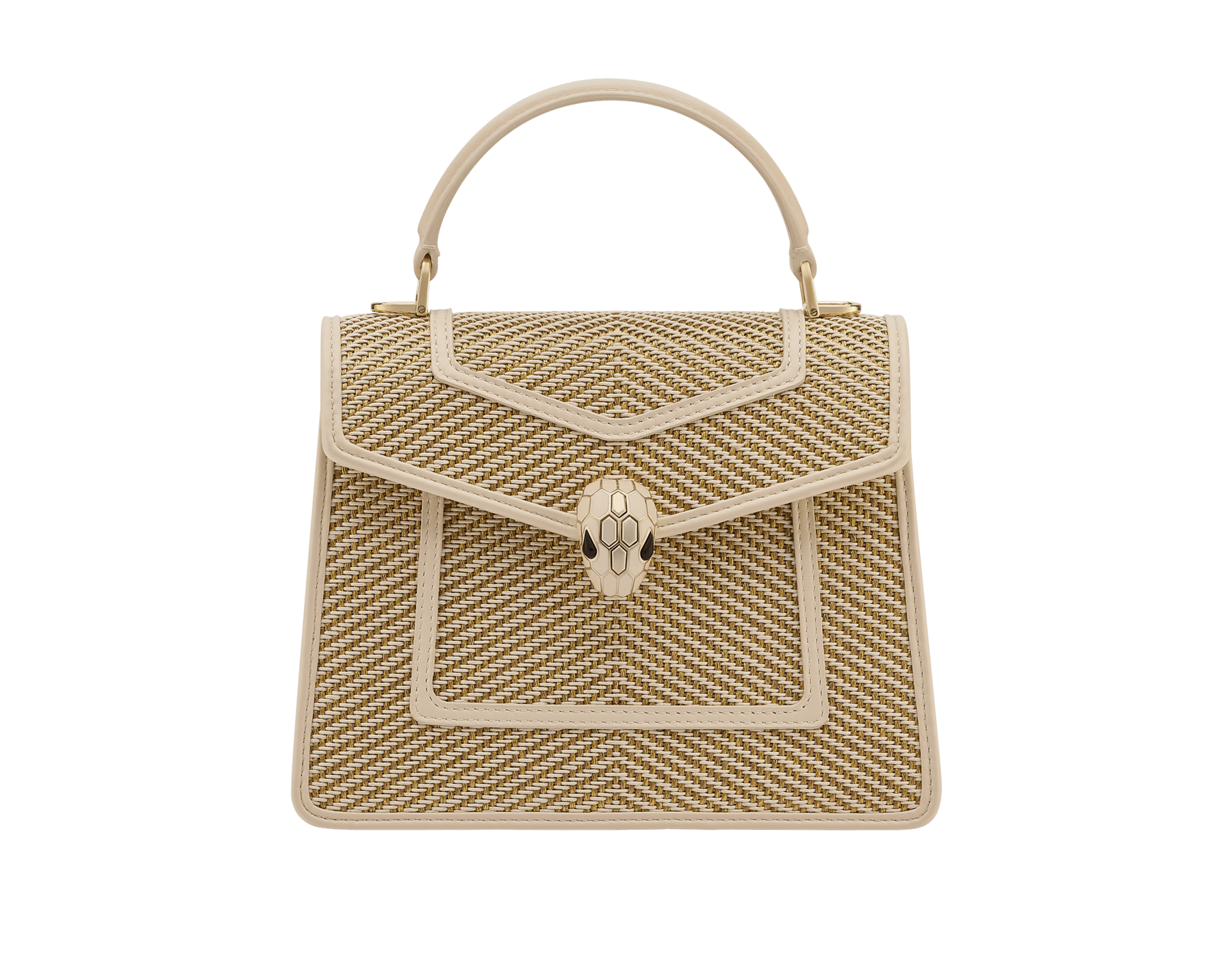 Borsa a mano media Serpenti Forever in tessuto chevron oro e avorio con fodera in nappa avorio. Accattivante chiusura magnetica Serpenti in ottone placcato oro chiaro con squame in smalto avorio opale e ottone placcato oro chiaro e occhi in onice nera. SEA-1282-W image 1