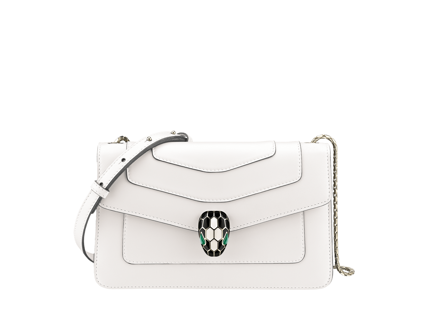 “Serpenti Forever” crossbody bag in agate-white calfskin with Heather Amethyst purple grosgrain inner lining. Iconic snakehead closure in light gold-plated brass embellished with black and agate-white enamel and green malachite eyes 625-CLa image 1