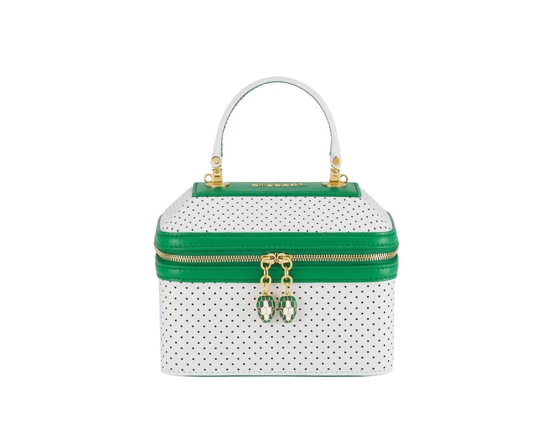 Casablanca x Bulgari small jewellery box bag in white Tennis Groundstroke perforated calf leather with smooth tennis green calf leather inserts and tennis green nappa leather lining. Captivating snakehead zip pullers in gold-plated brass embellished with dégradé green and bright white enamel scales, and green malachite eyes. 292332 image 1