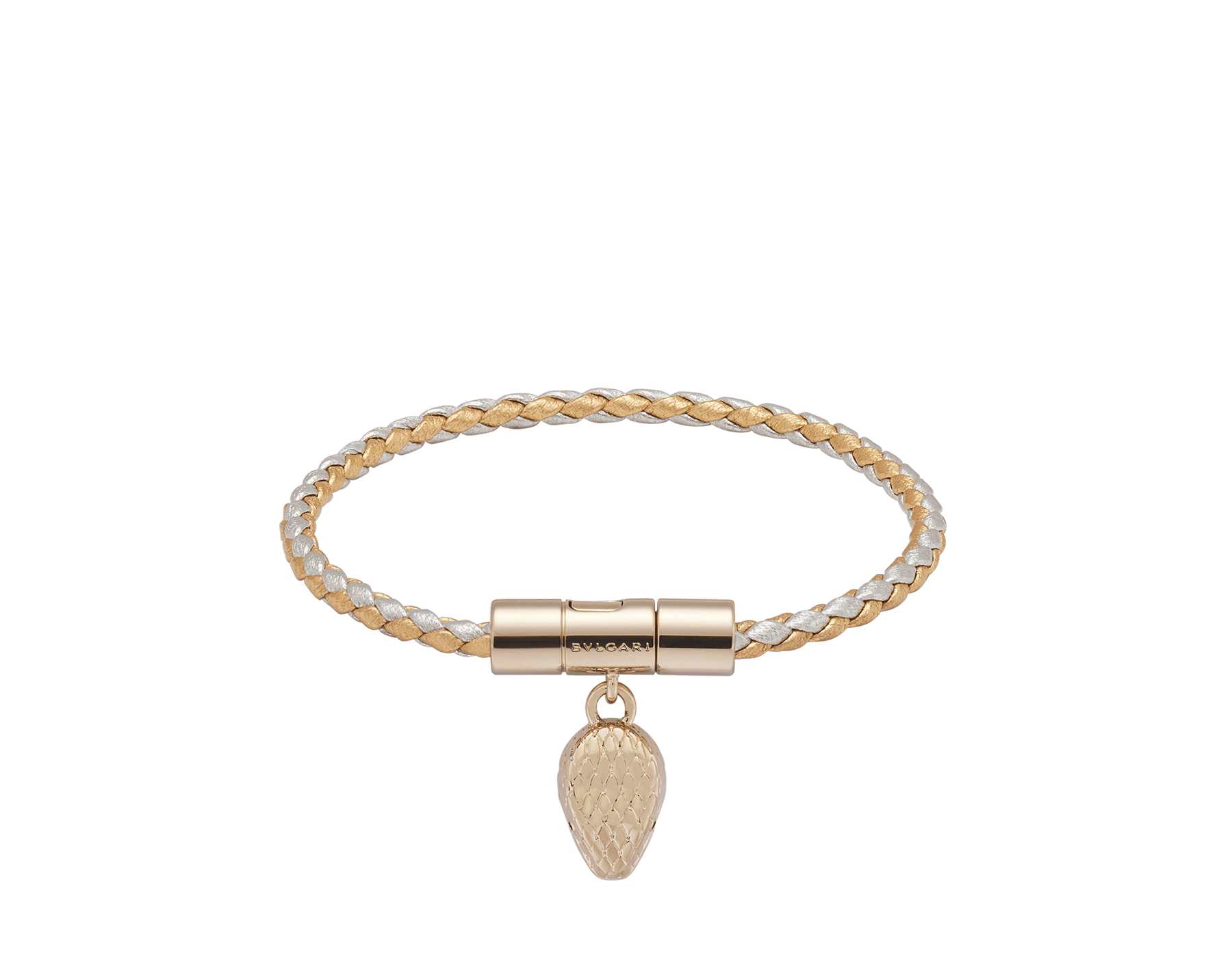 Serpenti Forever bracelet in gold and silver braided calf leather. Captivating light gold-plated brass snakehead charm embellished with red enamel eyes, attached to the front clasp. SERPHERBRAID-WCL-GS image 1
