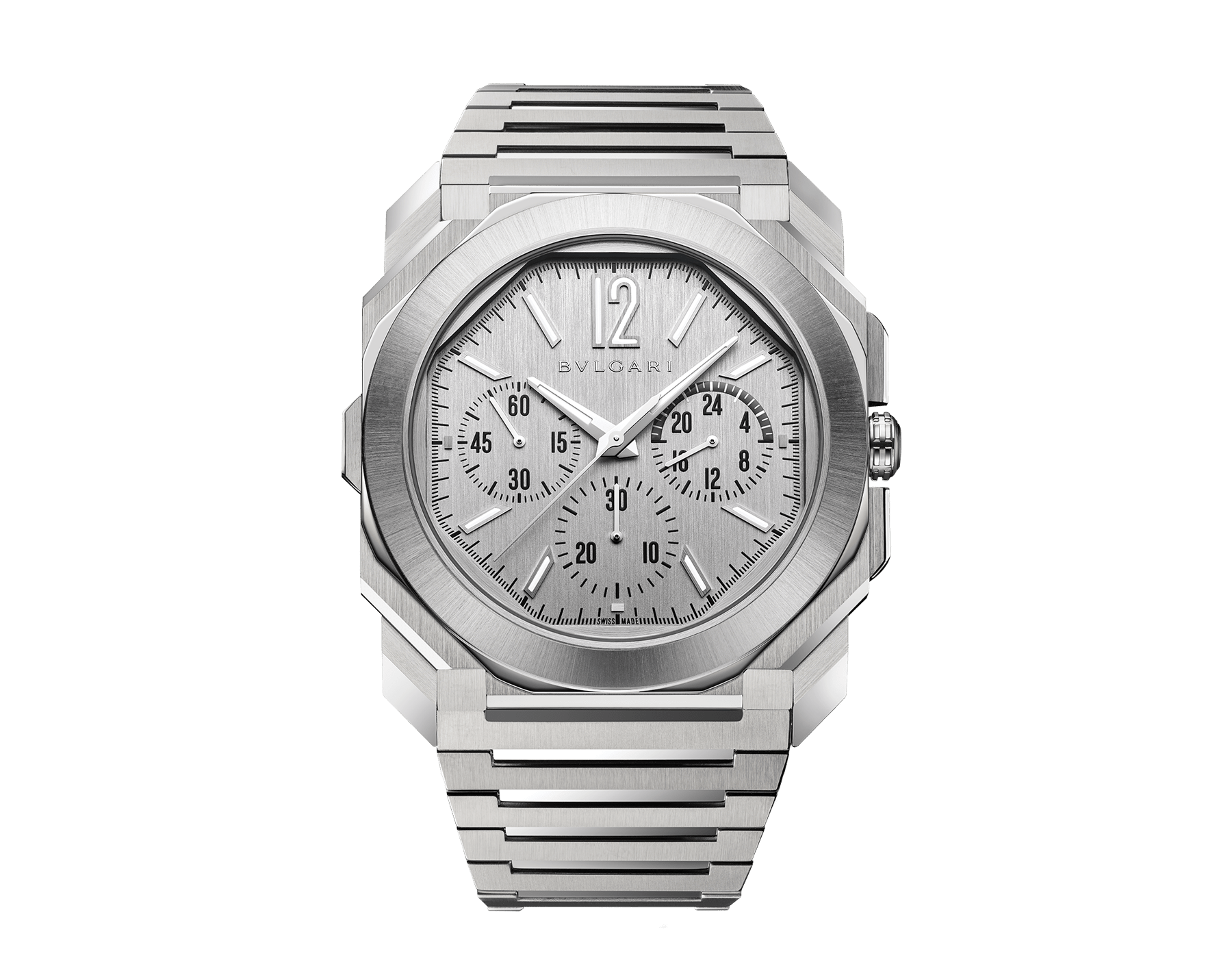 Octo Finissimo Chronograph GMT watch with mechanical manufacture ultra-thin movement (3.30 mm thick), automatic winding, 43 mm satin-polished stainless steel case and bracelet with silvered dial. Water-resistant up to 100 meters. 103661 image 1