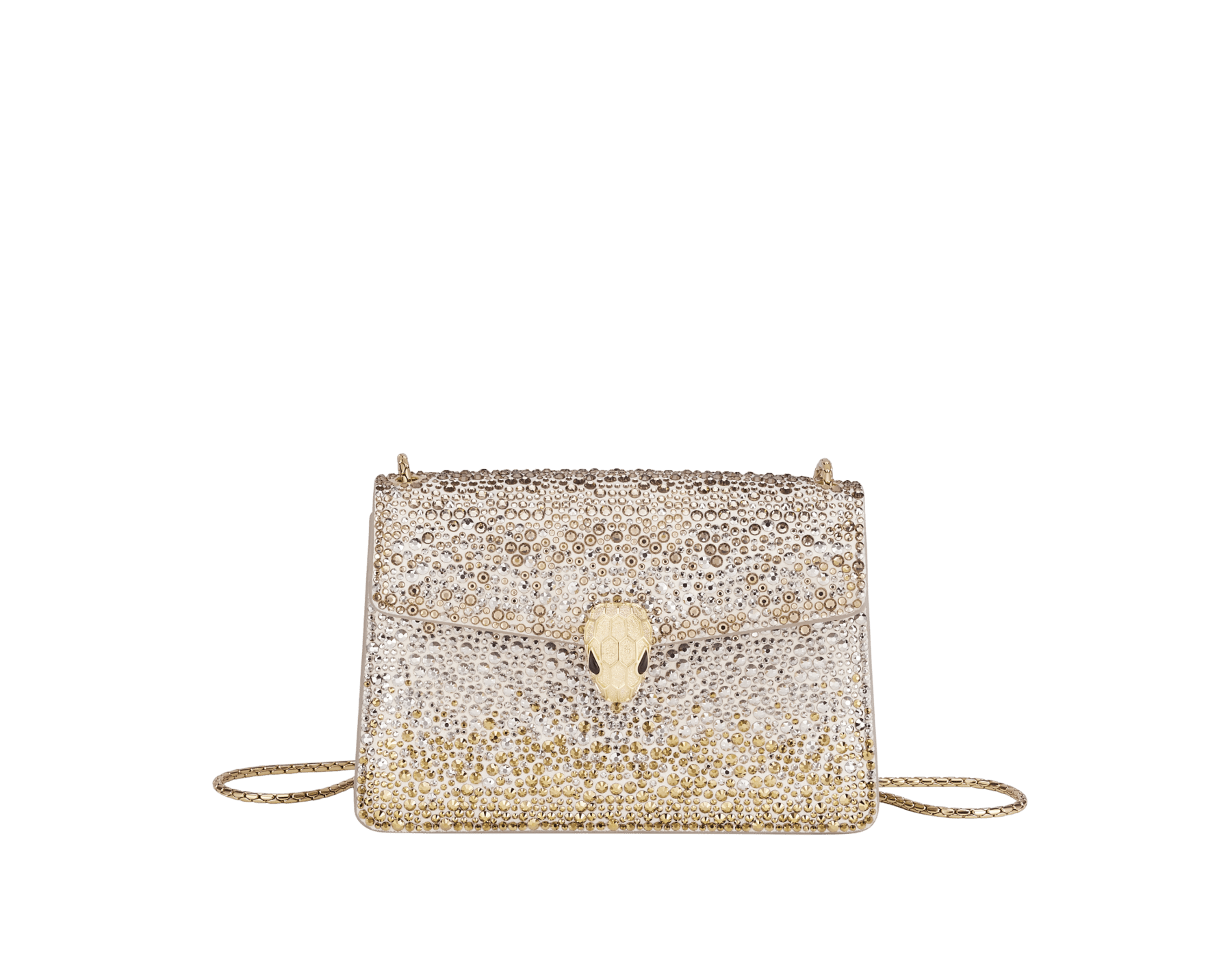 Serpenti Forever mini crossbody bag in natural suede with different-size gold crystals and black nappa leather lining. Captivating magnetic snakehead closure in gold-plated brass embellished with "diamantatura" engraving on the scales and black onyx eyes. 986-CDS image 1
