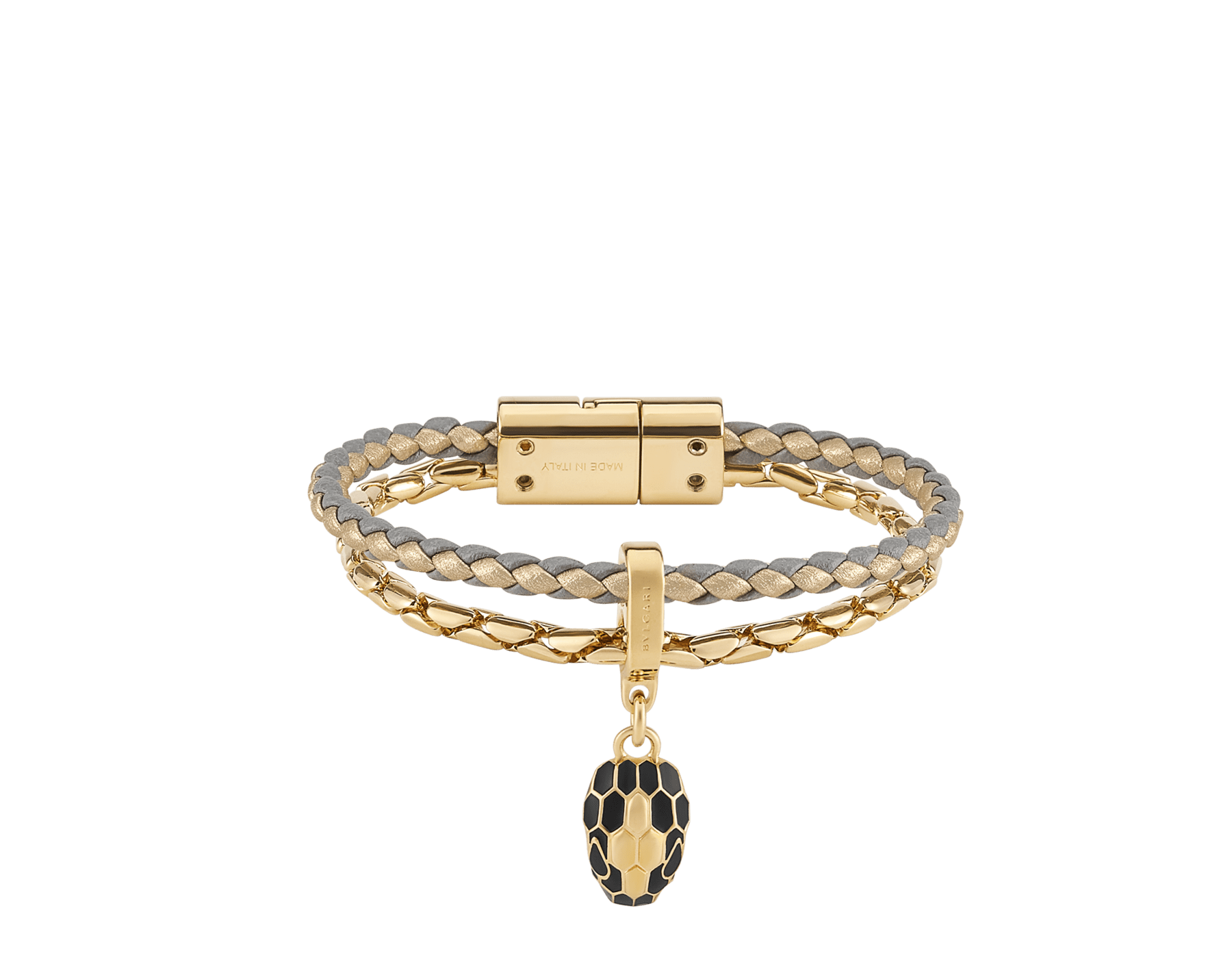Serpenti Forever 手環，採用灰色與淡金色編穗小牛皮，金色黃銅鍊帶，磁扣開合。迷人的蛇頭吊飾飾以黑色琺瑯與金色黃銅蛇鱗，蛇眼飾以黑色琺瑯。 SERP-BRAIDCHAIN-GREY image 1