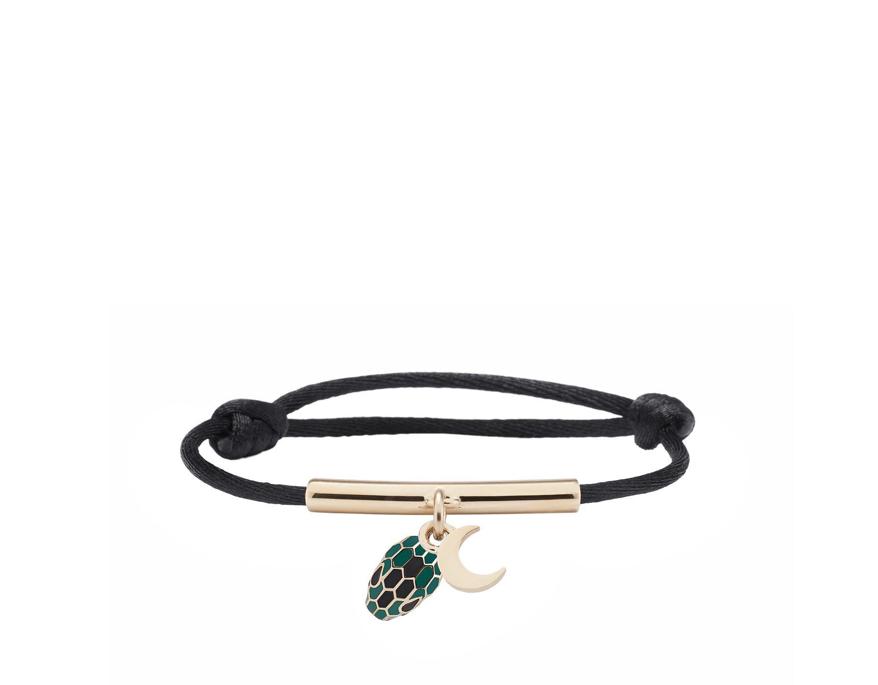 Serpenti Forever bracelet in champagne fabric. Light gold-plated brass tubular element, half moon charm and captivating snakehead charm embellished with emerald green and black enamel scales, and black enamel eyes. SERP-MOON-STRING image 1