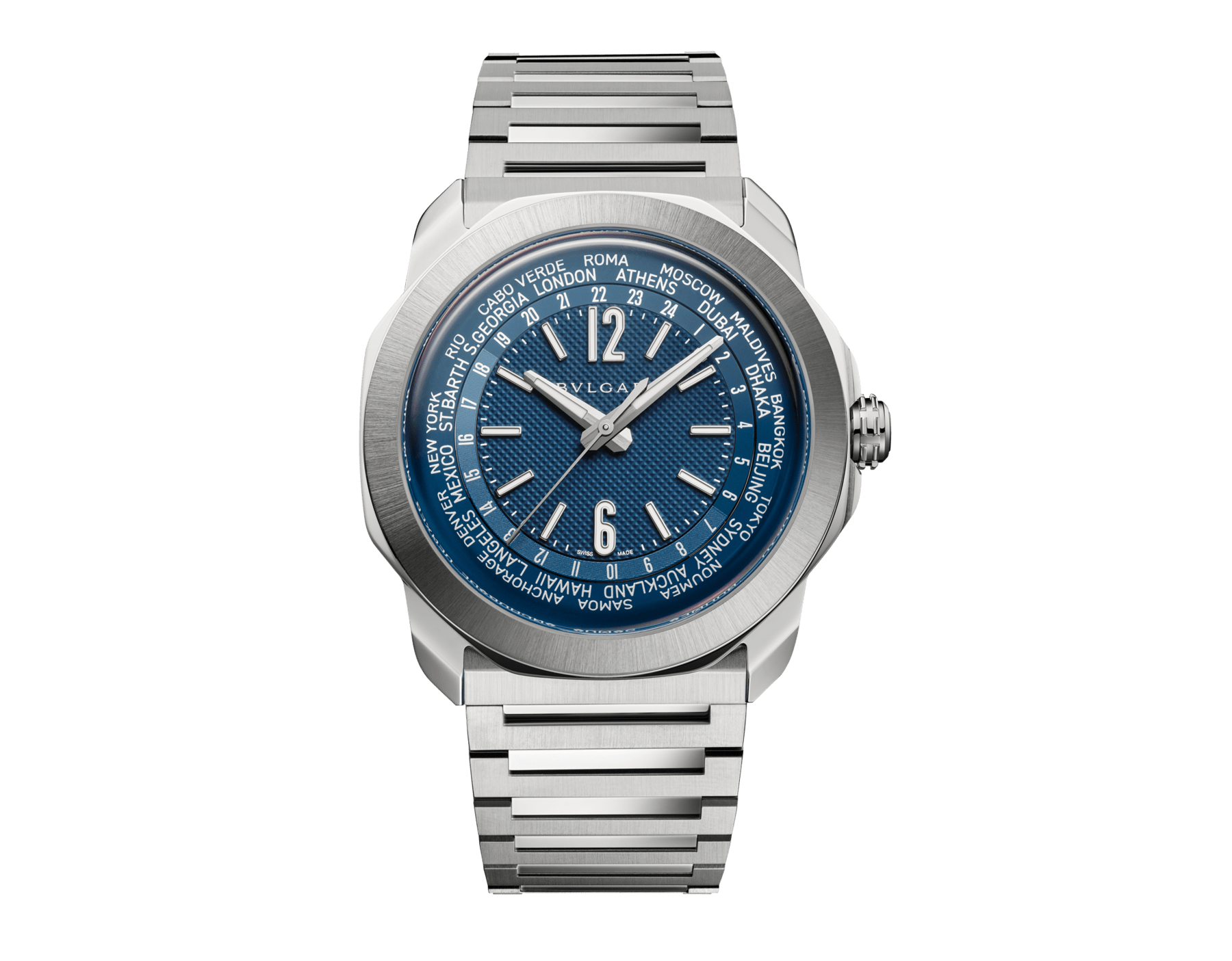 Octo Roma WorldTimer watch with interchangeable satin-polished stainless steel bracelet and additional blue rubber strap, satin-polished stainless steel case and matte blue Clous de Paris dial. Mechanical manufacture movement with automatic winding, WorldTimer, 24 time zones and 24-hour indicator. Water-resistant up to 100 metres. 103762 image 1