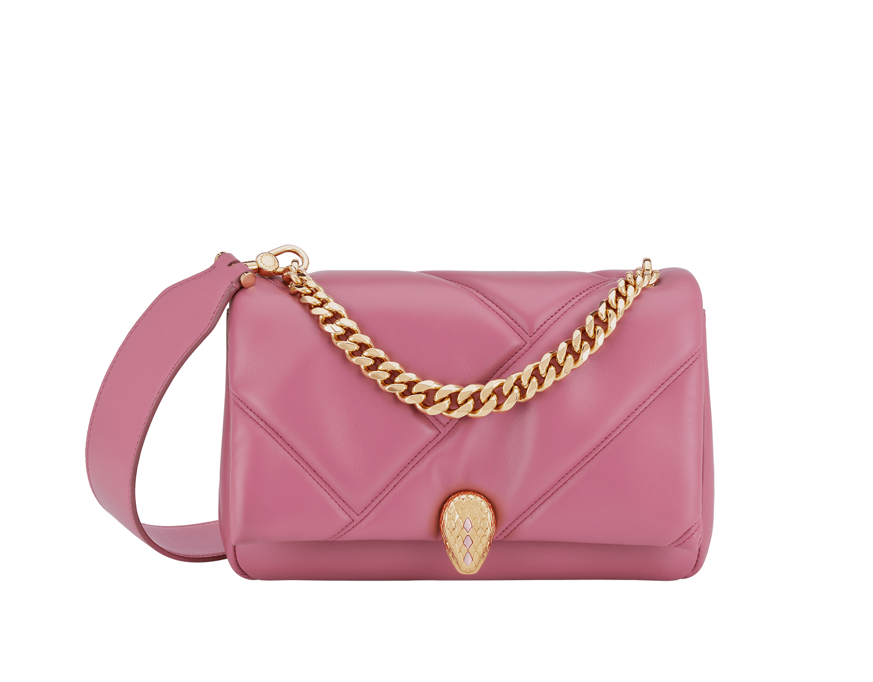 "Serpenti Cabochon" small maxi chain crossbody bag in soft quilted Blush Quartz pink calf leather, with a maxi graphic motif, and Deep Garnet bordeaux nappa leather internal lining. New Serpenti head closure in gold plated brass, finished with small pink mother-of pearl scales in the middle and red enamel eyes. 1165-NSM image 1
