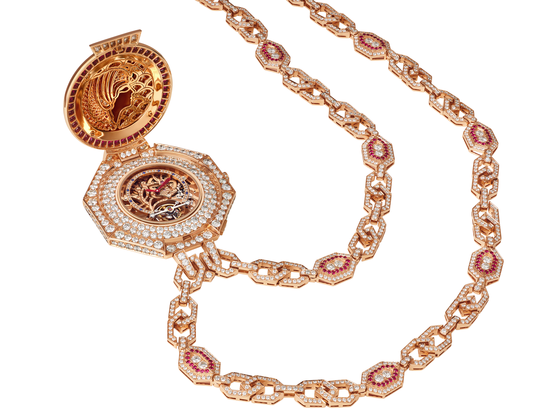 Secret Watch Necklace Cameo Imperiale with mechanical manufacture skeletonised movement, manual winding, tourbillon lumière, 18 kt rose gold case and chain set with rubies, diamonds, a Cleopatra Cameo with pink and blue sapphires, and snow-set diamond dial. 103670 image 1