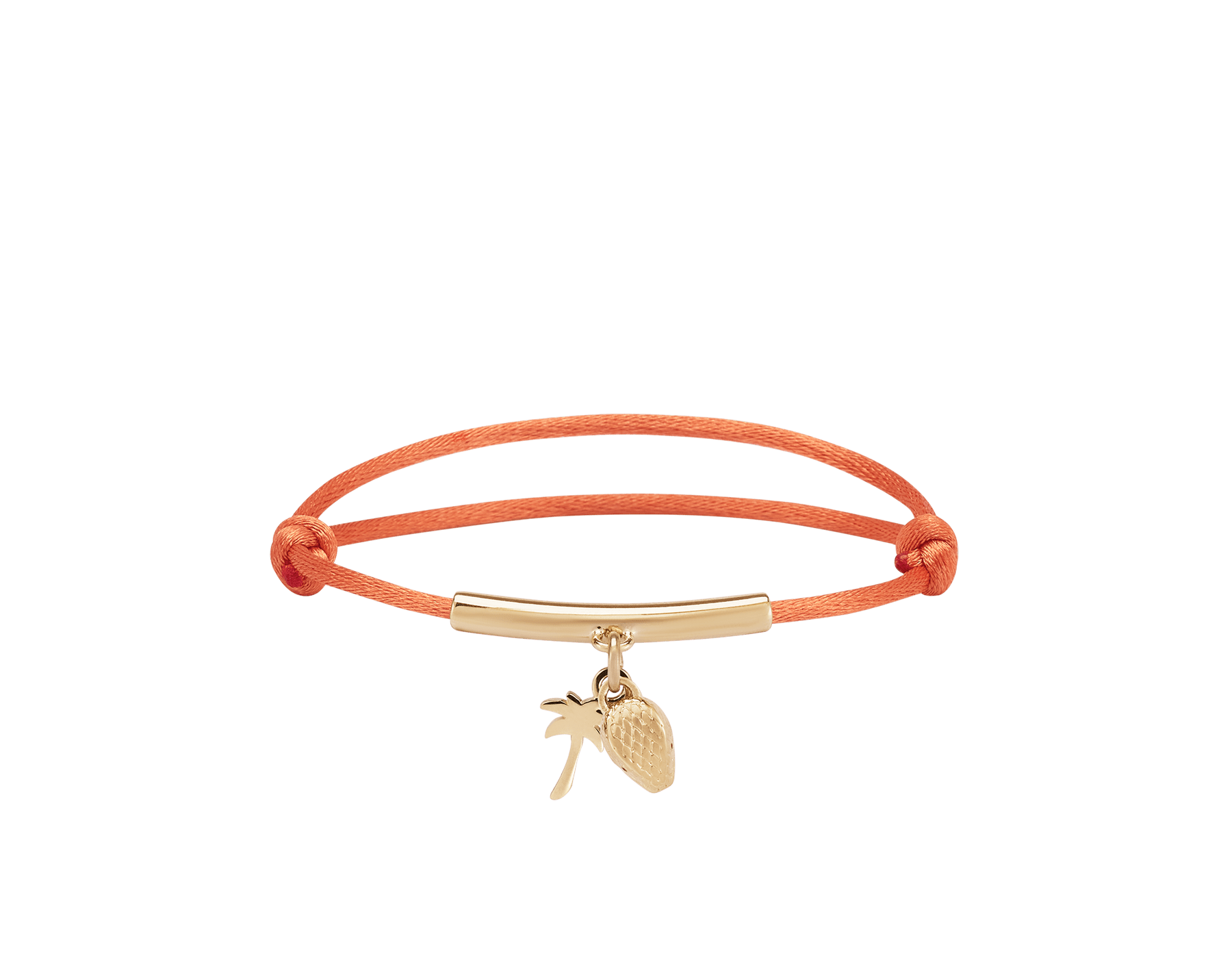 Serpenti Forever Special Resort Edition bracelet in coral carnelian orange fabric. Light gold-plated brass tubular element, captivating snakehead charm embellished with red enamel eyes and palm charm. SERP-PALM-STRING image 1