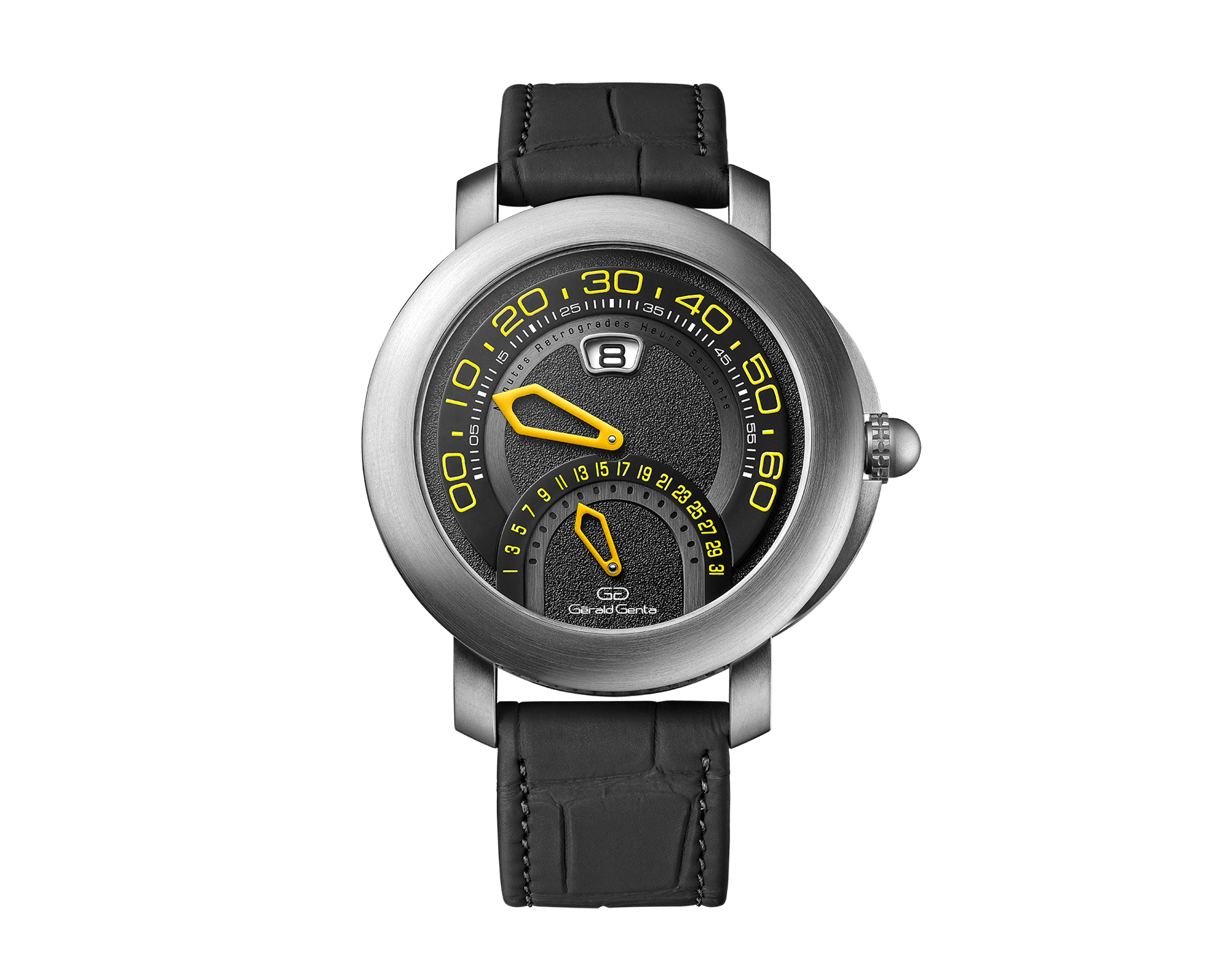 Gérald Genta Arena Bi-Retro Sport watch with mechanical manufacture movement, automatic bidirectional winding, jumping hours, retrograde minutes (210°) and date (180°), 43 mm brushed titanium case, black and anthracite dial and matte black alligator bracelet. Water-resistant up to 100 metres 103448 image 1