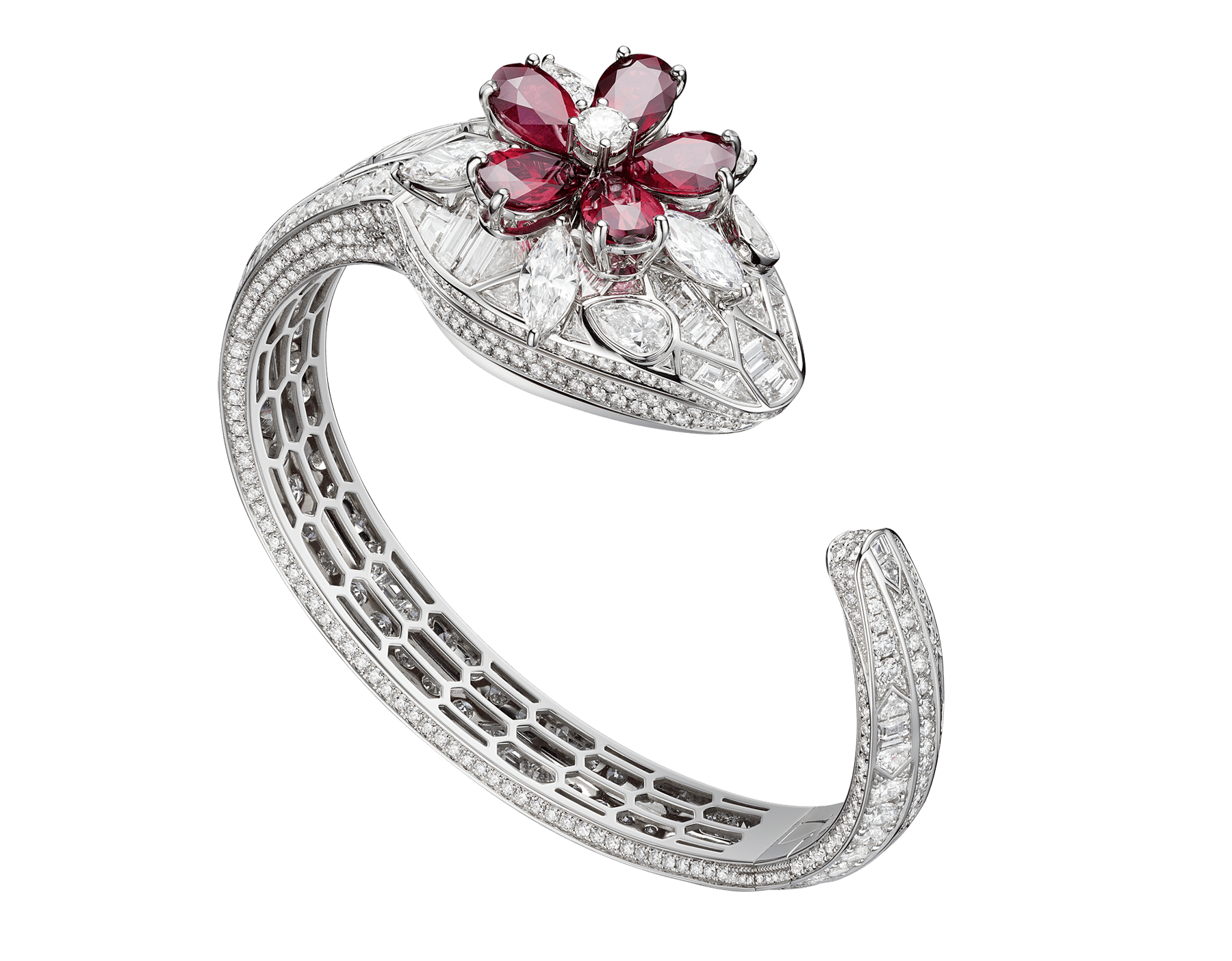 Serpenti Misteriosi Secret Watch with 18 kt white gold head set with brilliant-cut, buff-top cut and marquise-cut diamonds, pear-shaped rubies and diamond eyes, 18 kt white gold case, dial and bracelet all set with brilliant-cut diamonds 103021 image 1