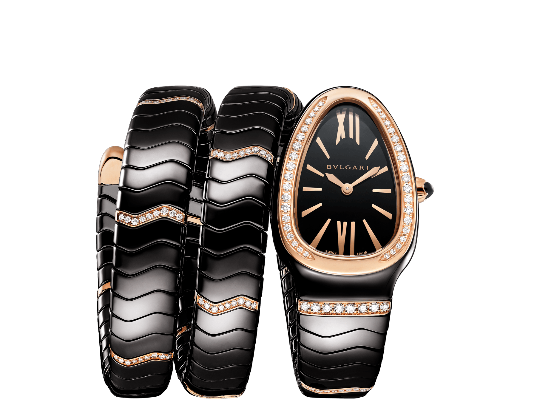 Serpenti Spiga double-spiral watch in black ceramic with an 18 kt rose gold bezel and single elements set with diamonds, and a black dial. Water-resistant up to 30 meters 103199 image 1