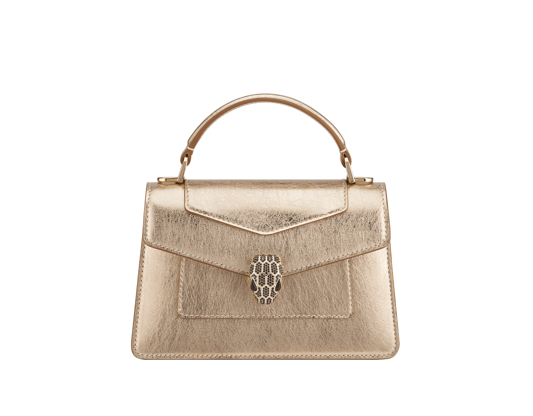 Serpenti Forever mini top handle bag in silver Striated calf leather with grey nappa leather lining. Captivating snakehead magnetic closure in light gold-plated brass embellished with grey enamel, light gold-plated brass scales and black onyx eyes. SEA-1283-STR image 1