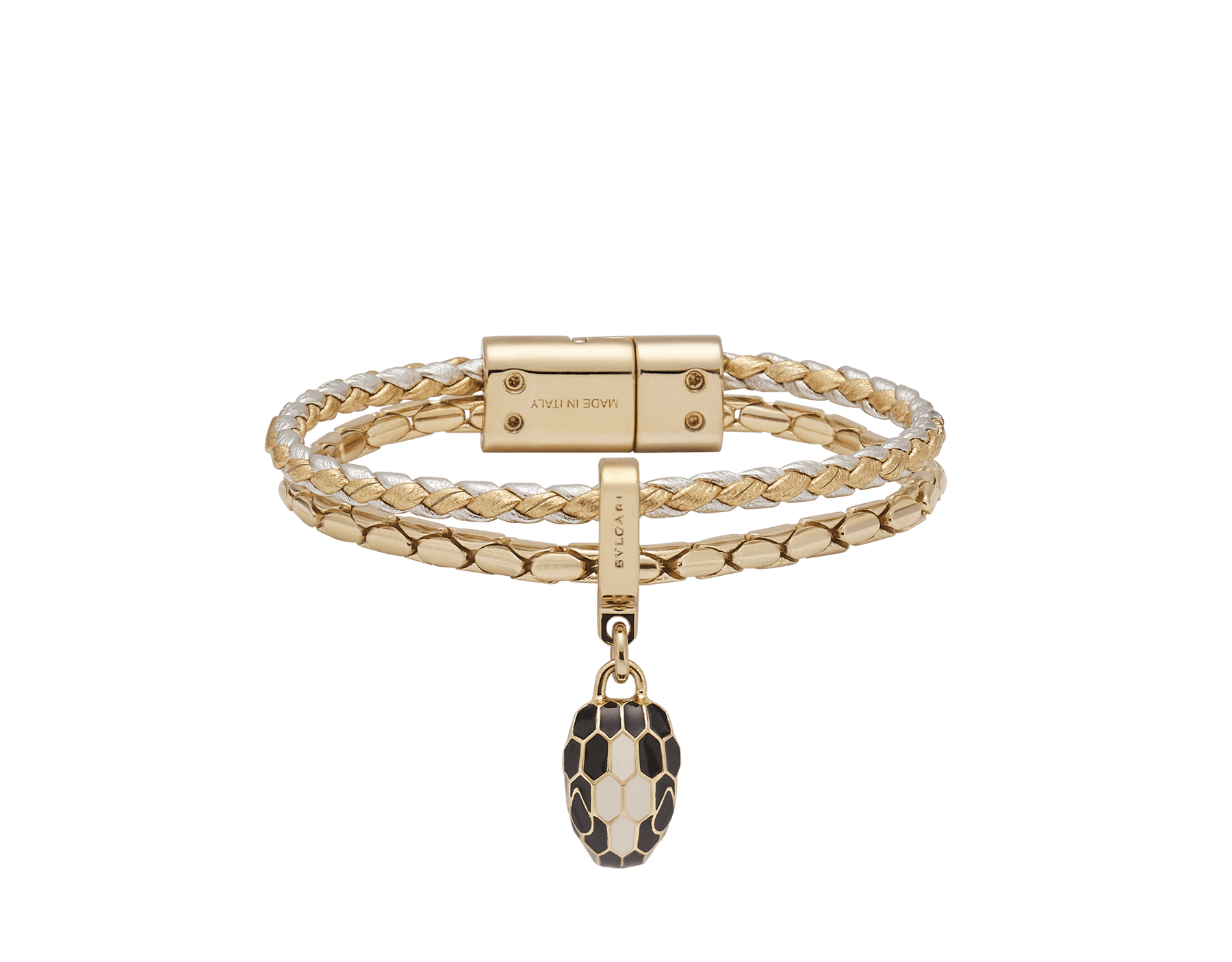 Serpenti Forever bracelet in gold and silver braided calf leather and light gold-plated brass chain with magnetic clasp closure. Captivating snakehead charm with black and white agate enamel scales and black enamel eyes. SERPBRAIDCHAIN-WCL-GS image 1