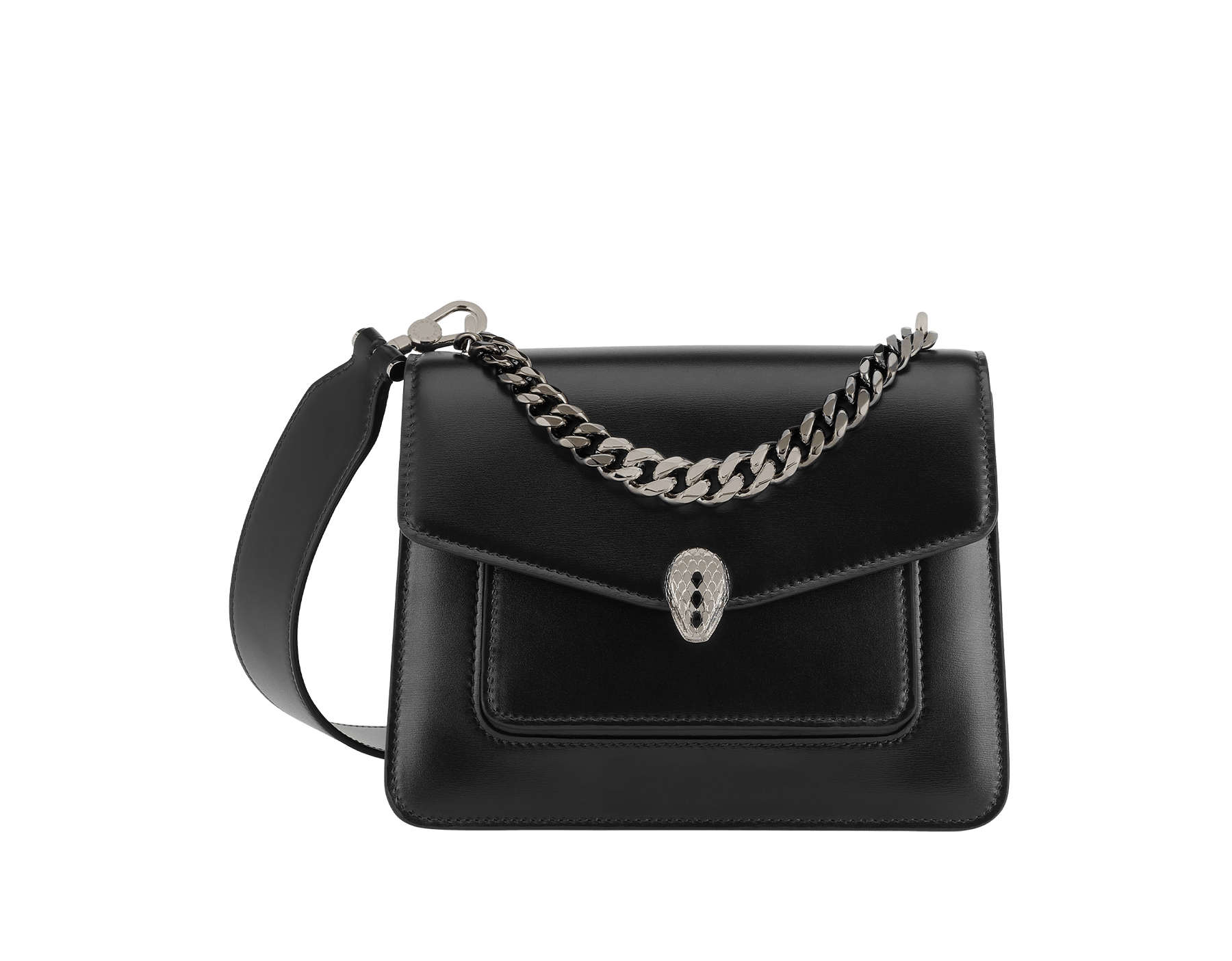 Serpenti Forever Maxi Chain small crossbody bag in black palmellato leather with black nappa leather lining. Captivating snakehead closure in palladium-plated brass embellished with black onyx scales and red enamel eyes. MCN-PL-B image 1