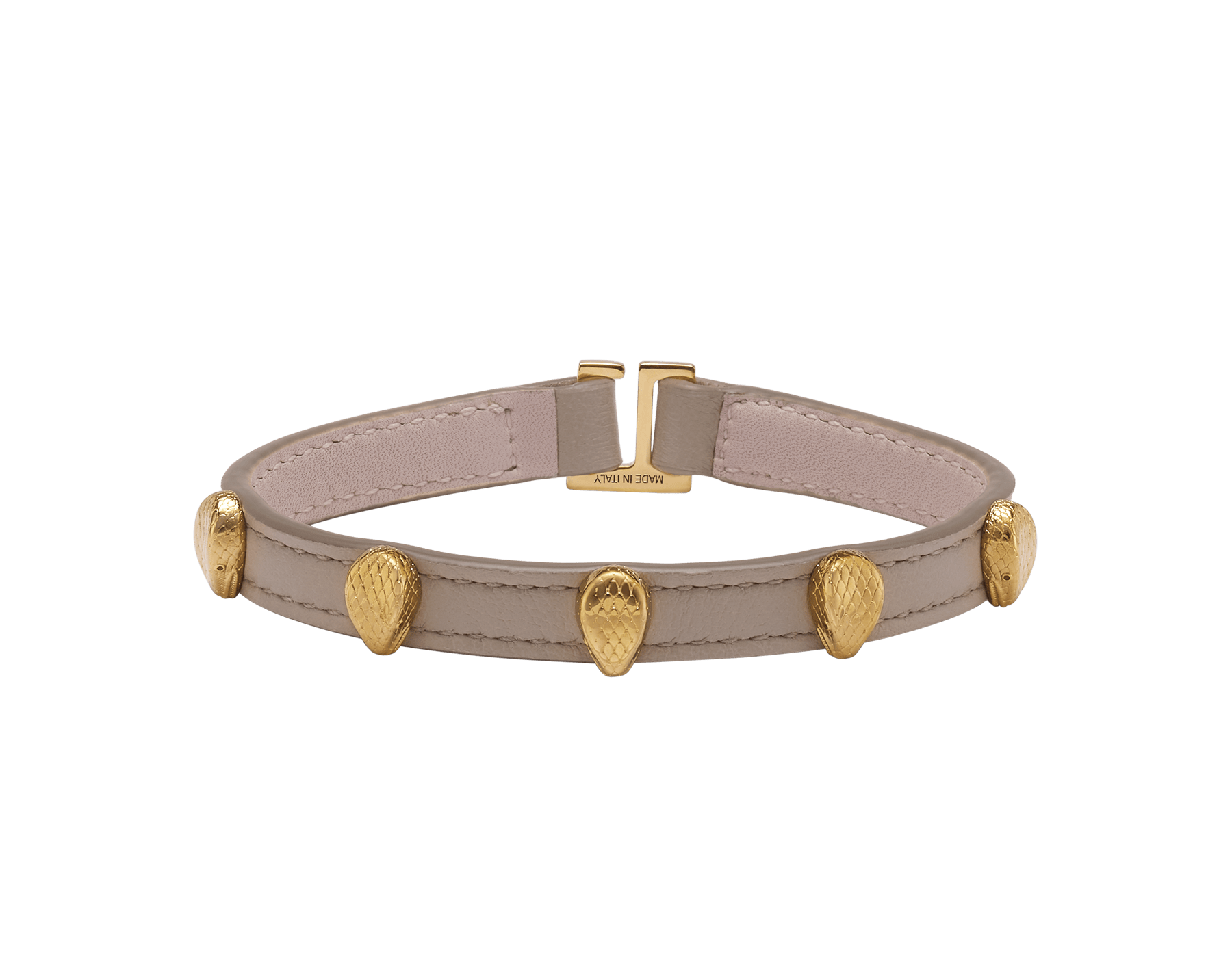 Serpenti Forever bracelet in foggy opal gray calf leather. Multiple captivating snakehead embellishments in gold-plated brass finished with red enamel eyes, and hook-and-eye closure. SER-MULTIHEADS-MCL-FO image 1
