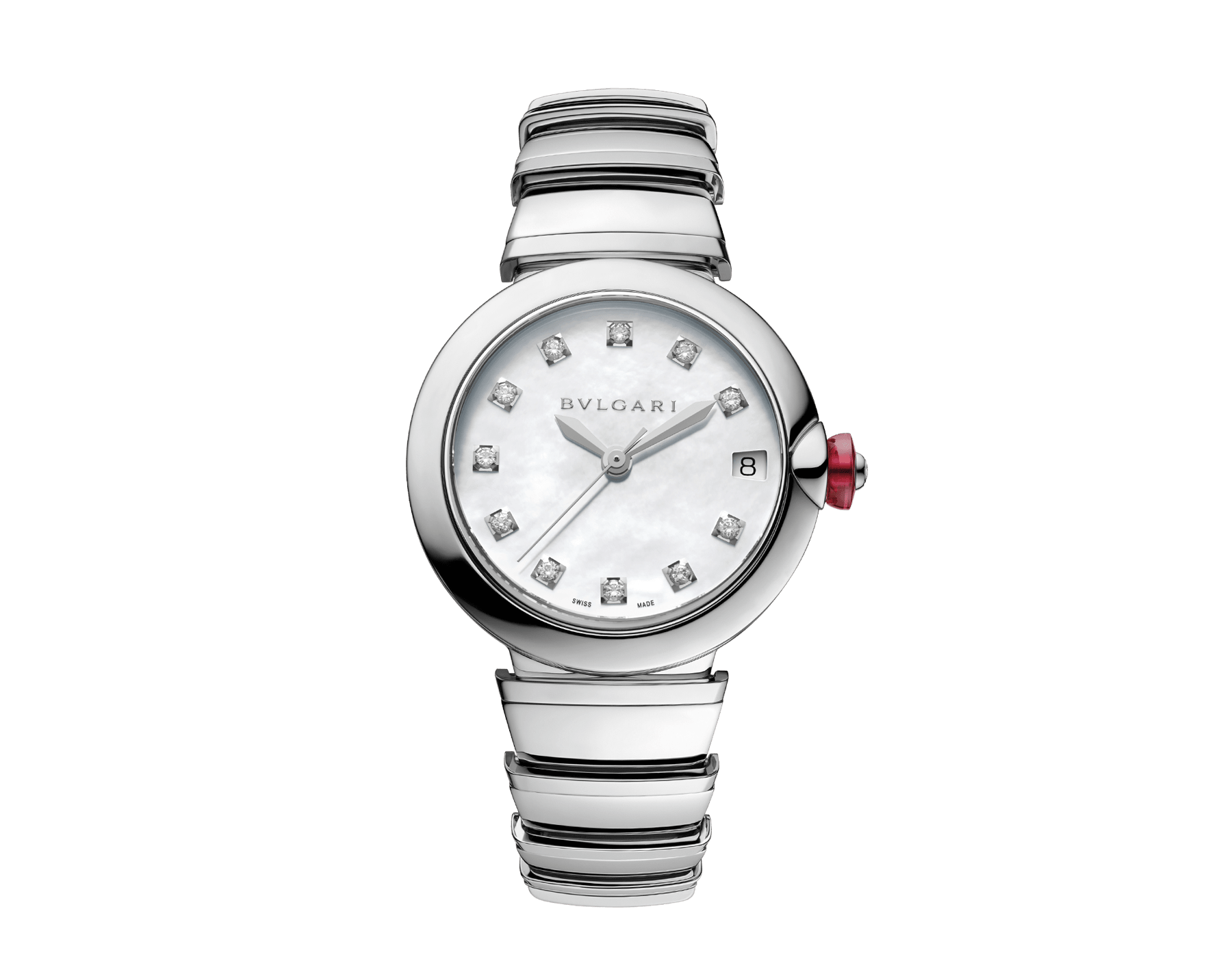 LVCEA Uhr mit Gehäuse und Armband aus Edelstahl mit weißem Perlmuttzifferblatt und Diamantindizes. 102199 image 1