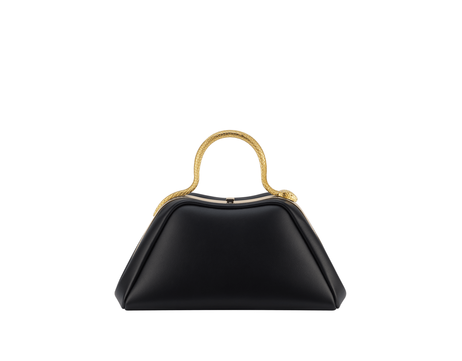 Sac à main Serpentine mini modèle en cuir de veau lisse noir avec doublure en cuir nappa vert émeraude. Poignée supérieure en forme de serpent en laiton doré, ornée d'écailles gravées et d'yeux en émail rouge. Fermoir à bouton-pression et détails en laiton doré. SRN-1291 image 1