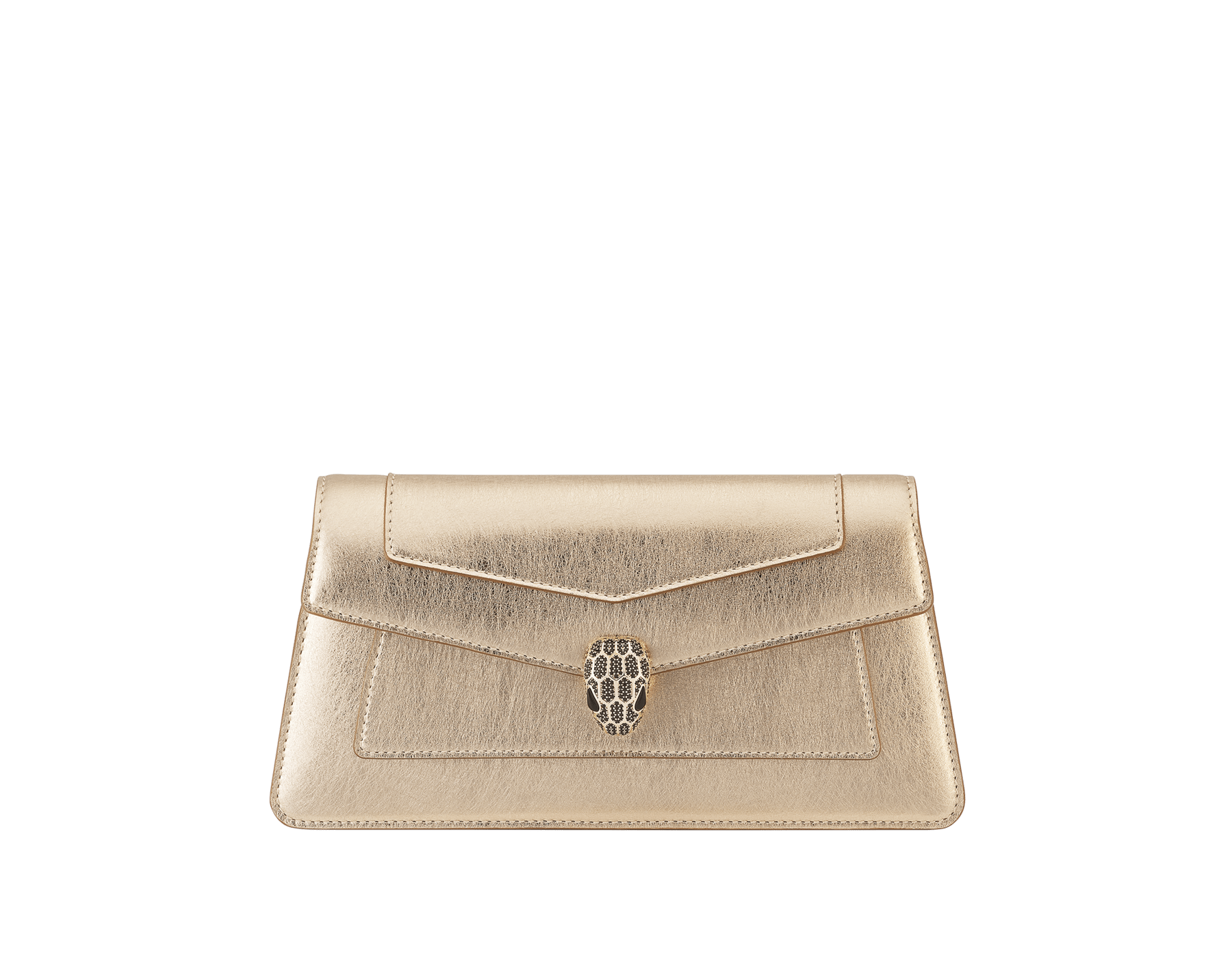 Pochette Serpenti Forever en cuir de veau strié doré avec doublure en cuir nappa couleur rose cristal. Captivant fermoir magnétique Serpenti en laiton doré orné d’un pavé de zircones noires et d’yeux en onyx noir. 295468 image 1