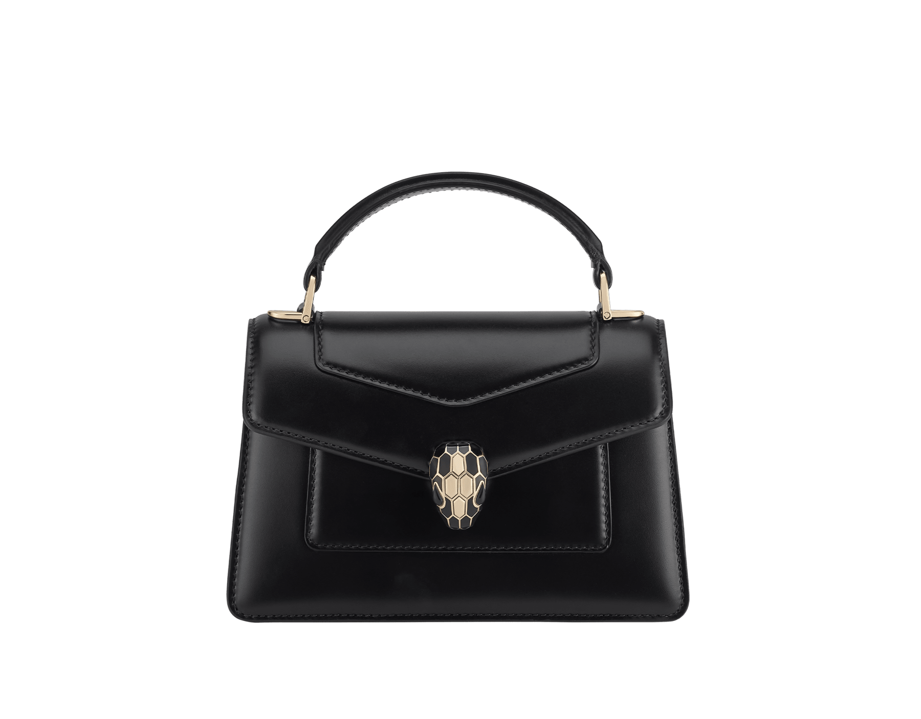 Serpenti Forever mini top handle bag in black calf leather with black nappa leather lining. Captivating snakehead magnetic closure in light gold-plated brass embellished with black enamel and light gold-plated brass scales, and black onyx eyes. SEA-1283-CL image 1