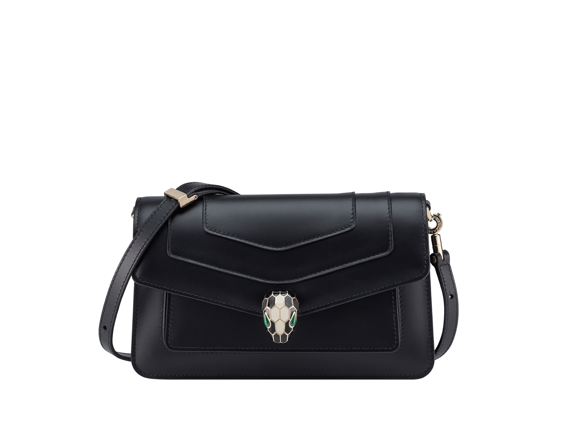 Serpenti Forever East-West small shoulder bag in black calf leather with emerald green gros grain lining. Captivating snakehead magnetic closure in light gold-plated brass embellished with black and white agate enamel scales, and green malachite eyes. 1237-CLa image 1