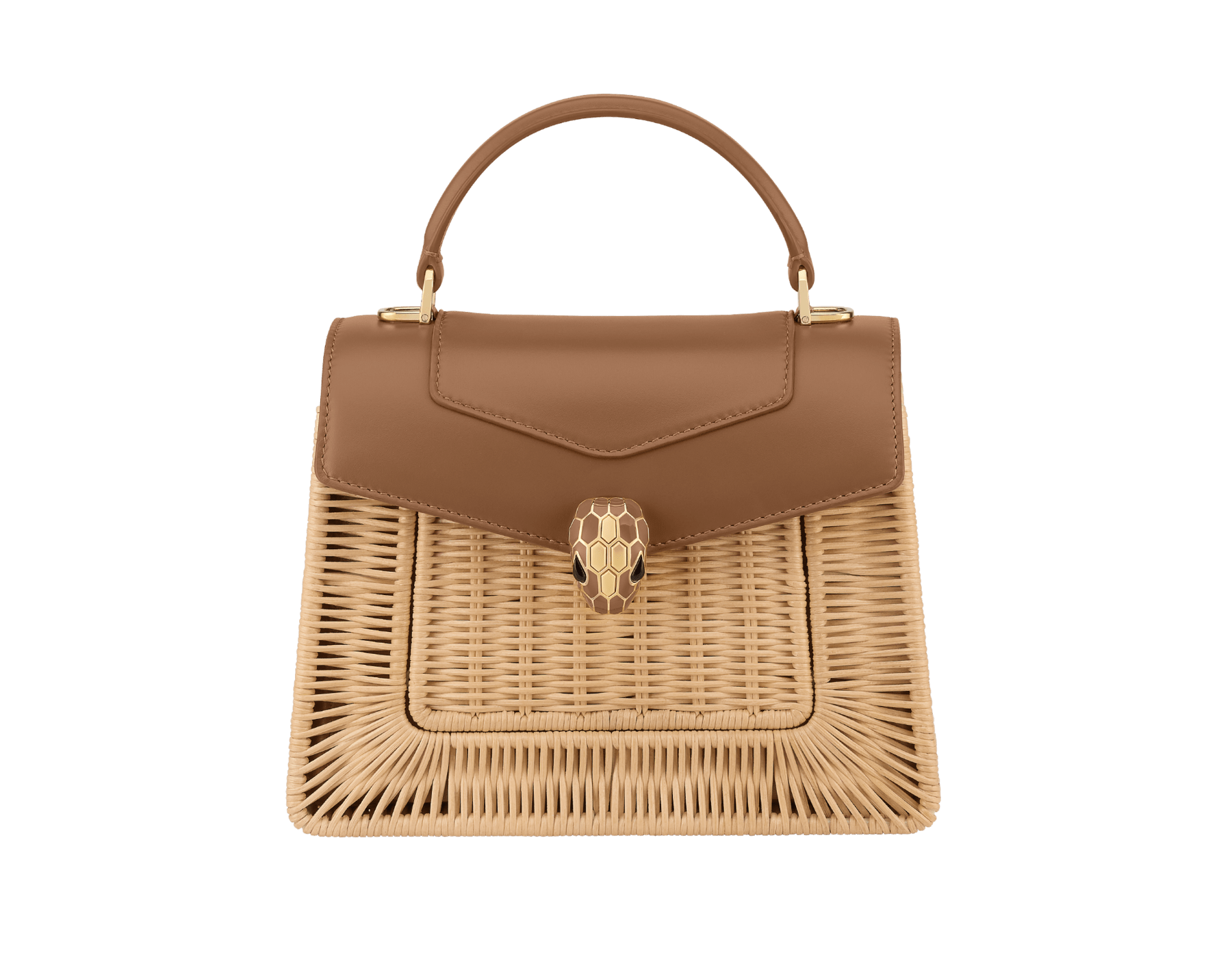 Borsa a mano media Serpenti Forever in vimini marrone diaspro del deserto con dettagli in vitello marrone diaspro del deserto e fodera in nappa marrone diaspro del deserto. Accattivante chiusura magnetica Serpenti in ottone placcato oro con squame in smalto marrone diaspro del deserto e ottone placcato oro e occhi in onice nera. 294673 image 1