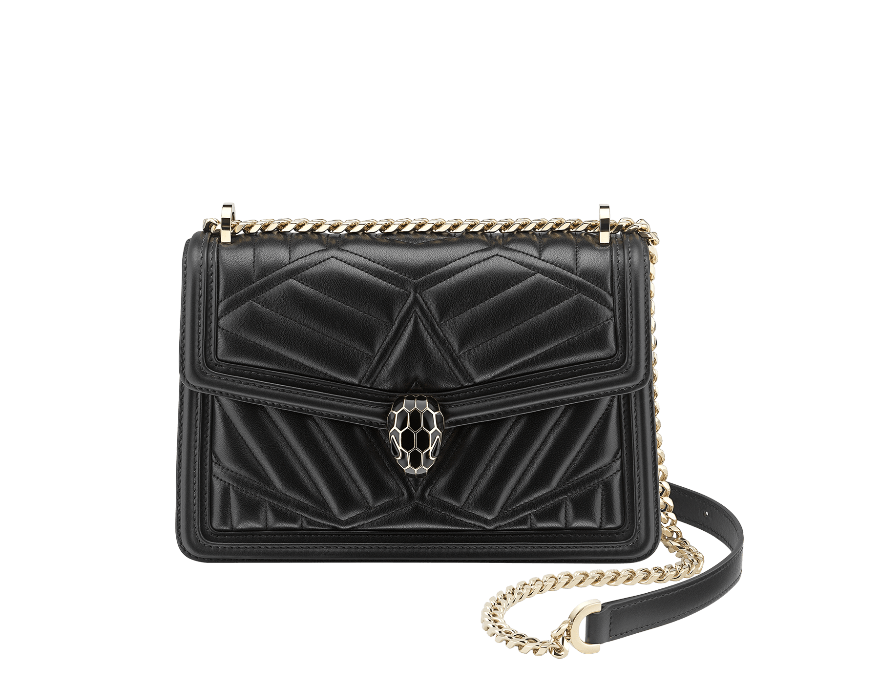 “Serpenti Diamond Blast” shoulder bag in black quilted nappa leather body, featuring a maxi matelassé pattern, and black calf leather frames, with black nappa leather internal lining. Tempting snakehead closure in light gold plated brass enriched with black enamel and black onyx eyes. 922-MFQD image 1