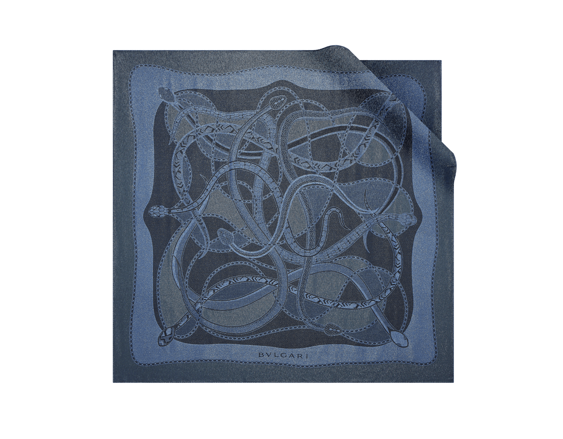 Serpenti 75 Lux scarf in fine navy blue jacquard silk and cashmere. Made of 63% silk, 24% cashmere, 8% metal and 5% polyamide. SERPENTI75-LUX-SQ image 1