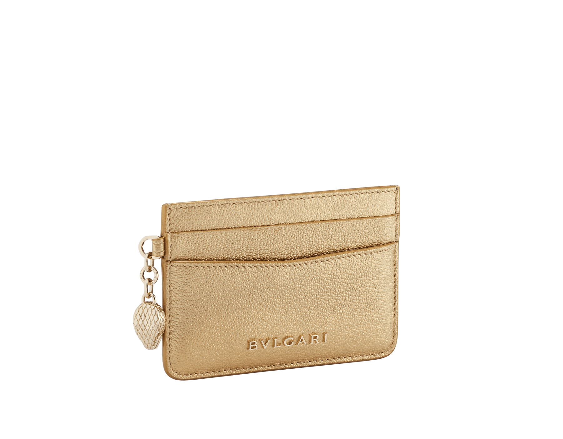 Credit card holder in ruby red and desert quartz calf leather. Serpenti charm in black and white enamel with green malachite enamel eyes and Bulgari logo in metal characters. SEA-CC-HOLDER-CLa image 1