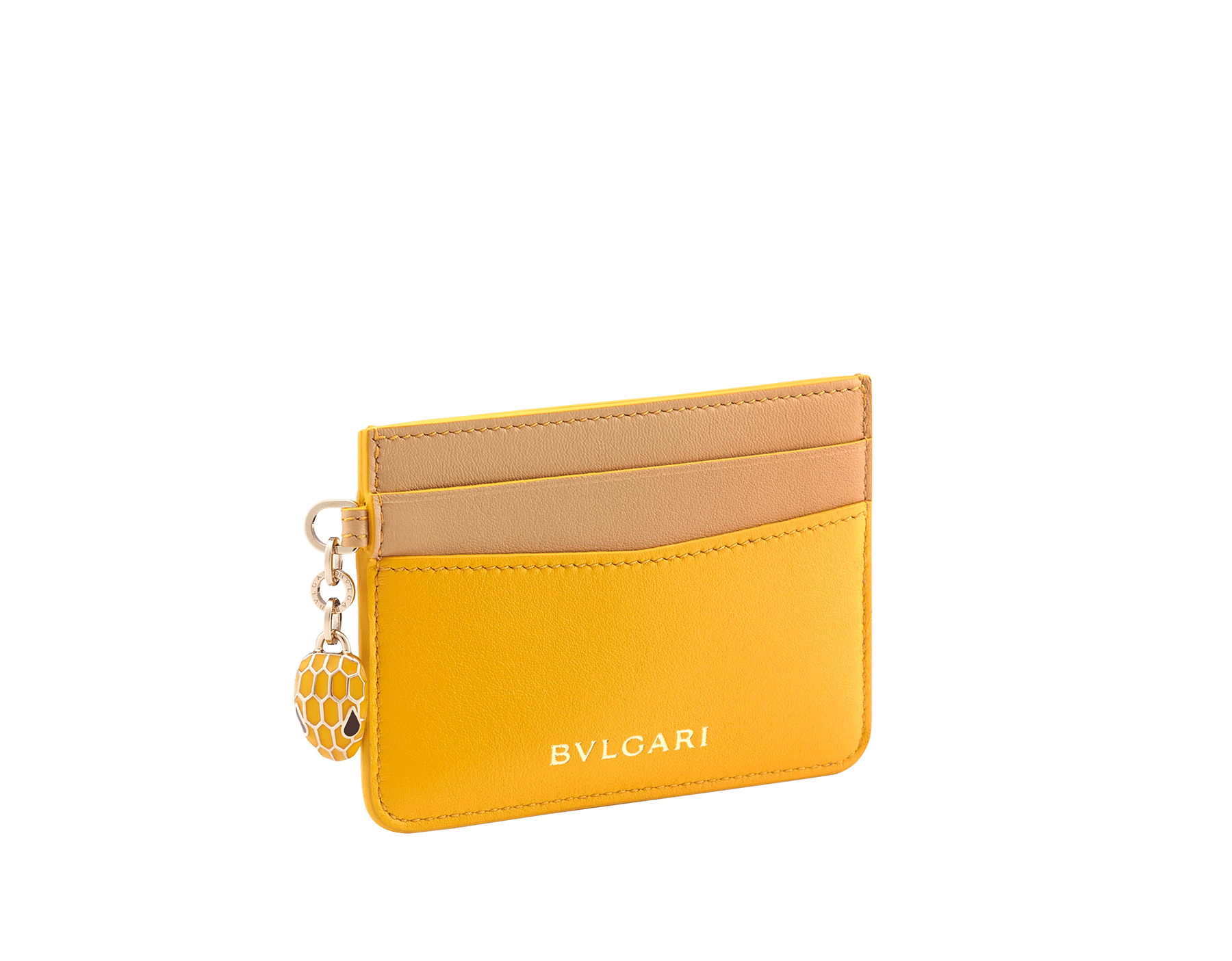 "Serpenti Forever" card holder in Blush Quartz pink calf leather and Deep Garnet burgundy nappa leather. Tempting light gold plated brass snakehead charm, finished with matte Blush Quartz pink enamel, and black enamel eyes. SEA-CC-HOLDER-CLb image 1