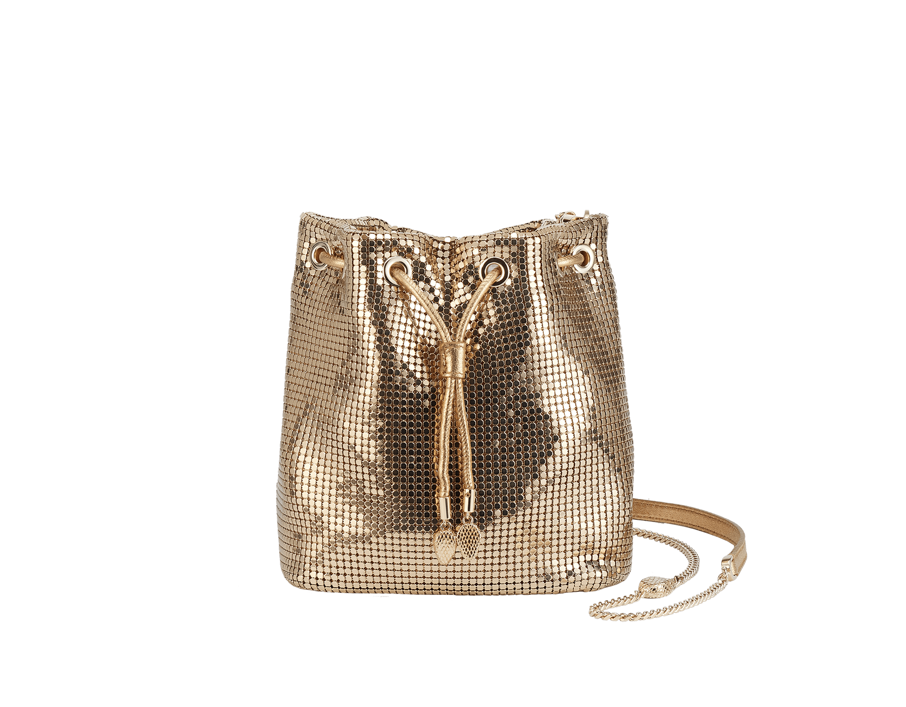 Serpenti Forever mini bucket bag in shiny gold nappa leather with light gold-plated brass metal mesh. Captivating snakehead drawstring and chain strap decors in light gold-plated brass. 291694 image 1