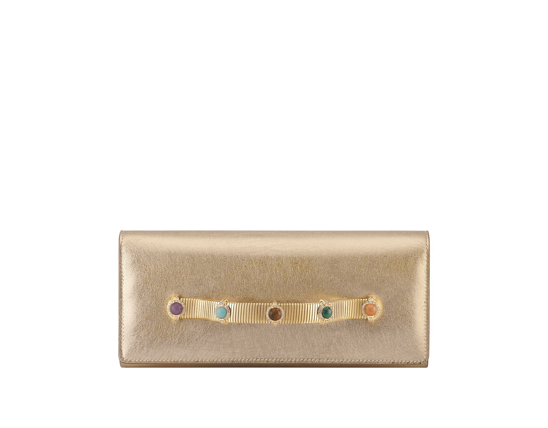 Clutch da sera Bvlgari Tubogas Cabochon in vitello striato color oro con fodera in nappa rosa cristallo. Iconica impugnatura Tubogas in ottone placcato oro con pietre colorate taglio cabochon, zirconi e chiusura magnetica. 295471 image 1