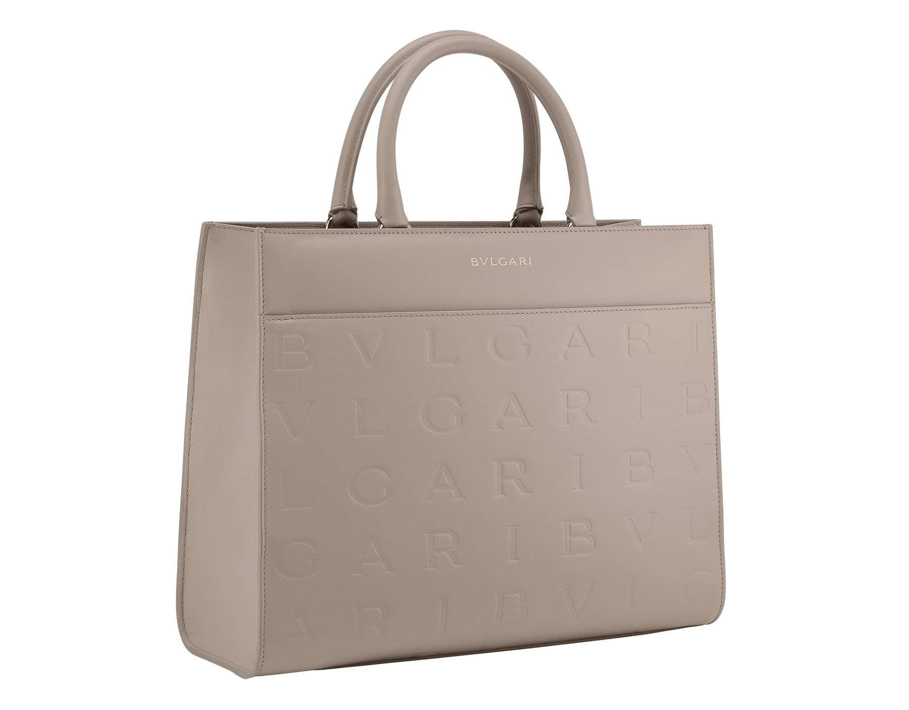 Bulgari Logo medium tote bag in black calf leather with hot-stamped Infinitum pattern on the main body and teal topaz green grosgrain lining. Light gold-plated brass hardware and magnet closure. BVL-1251M-ICL image 1