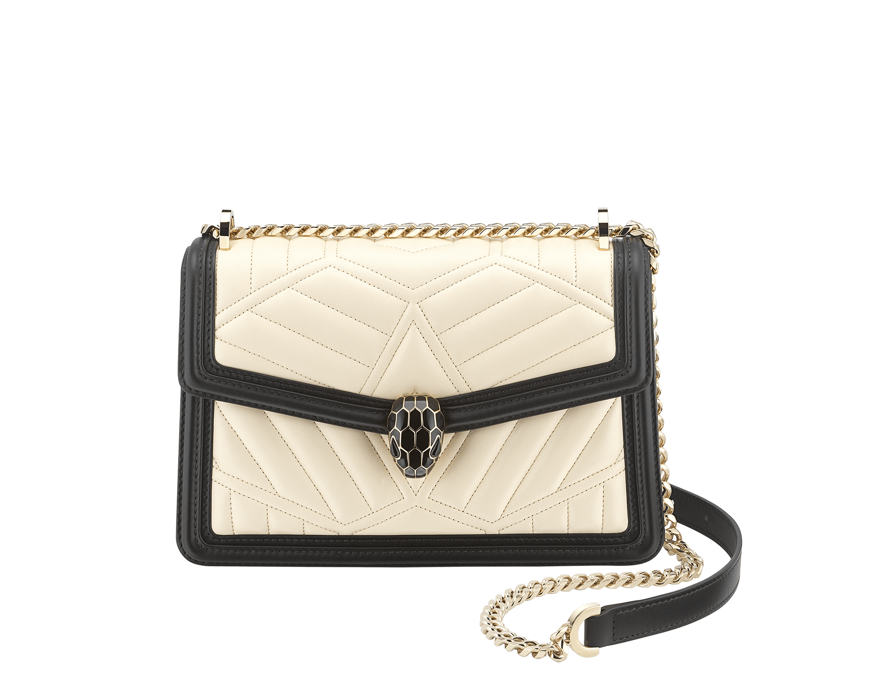 “Serpenti Diamond Blast” shoulder bag in black quilted nappa leather body, featuring a maxi matelassé pattern, and black calf leather frames, with black nappa leather internal lining. Tempting snakehead closure in light gold plated brass enriched with black enamel and black onyx eyes. 922-MFQD image 1