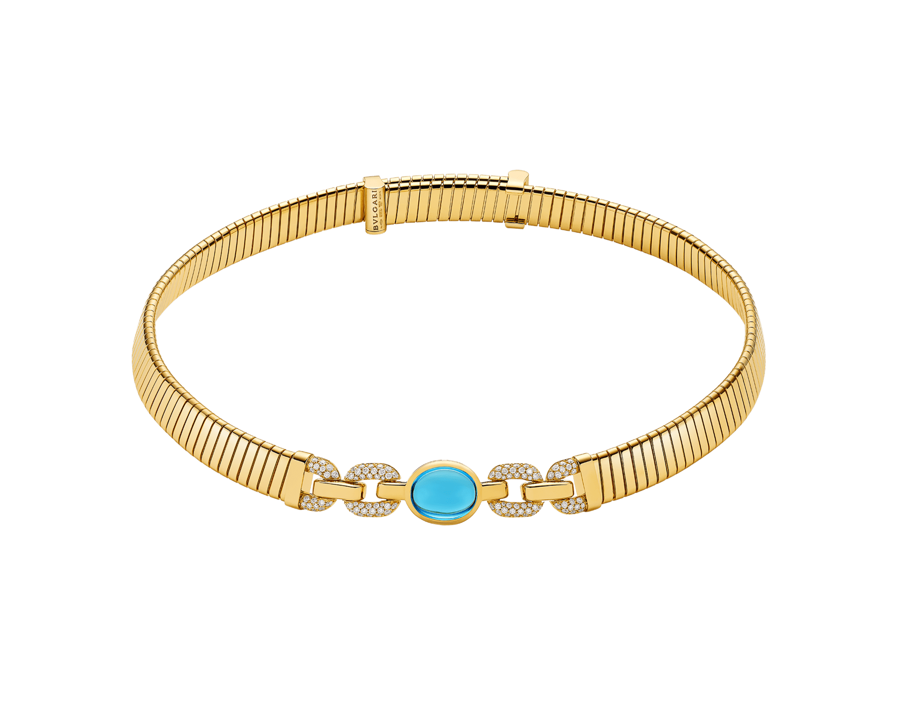 Bvlgari Cabochon 戒指，18K 黃金材質，鑲飾蛋面型切割藍色托帕石與半密鑲鑽石。 361996 image 1