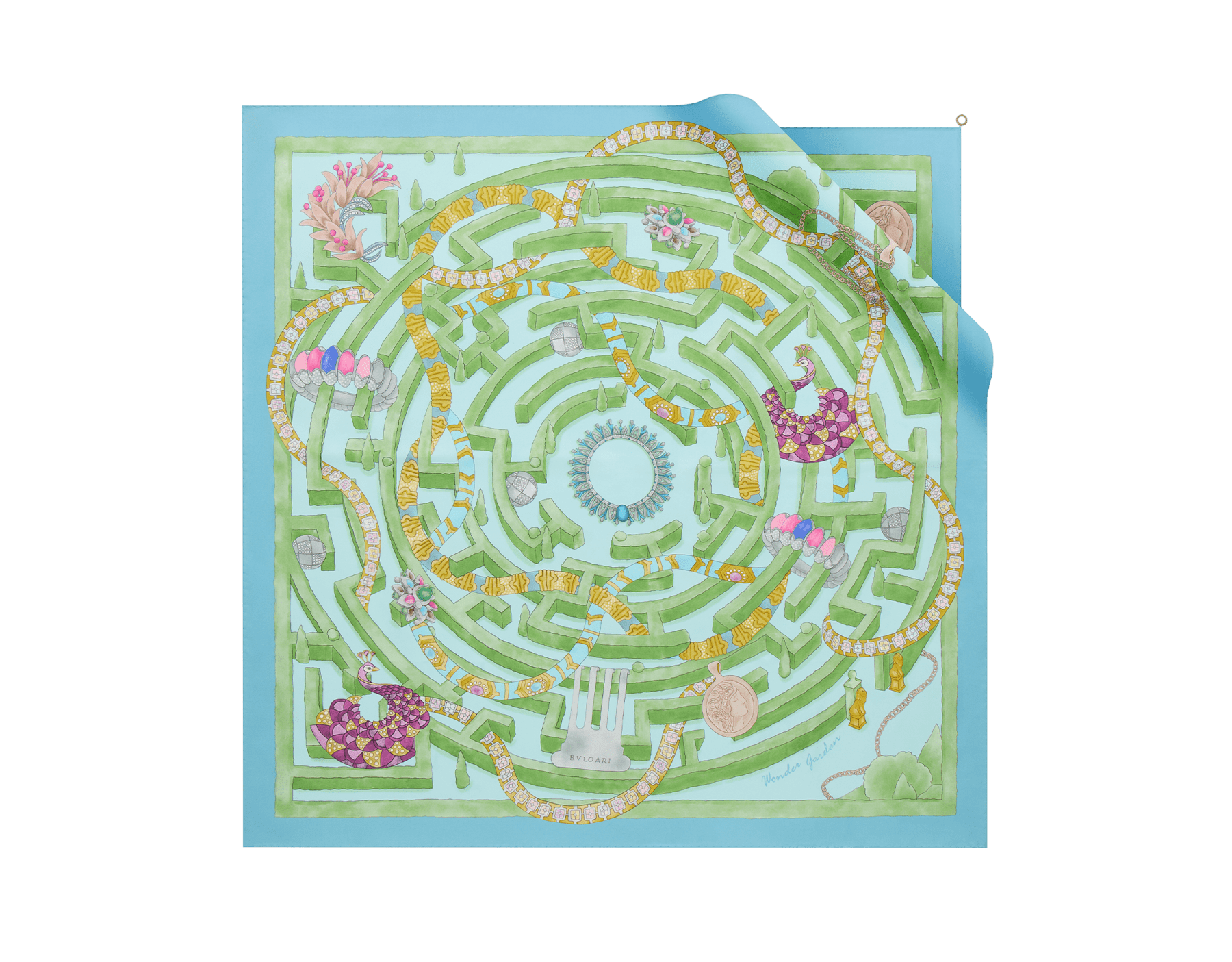 Foulard Wonder Garden en sergé de soie fine couleur vert éden doté d’un pendentif en métal BVLGARI BVLGARI. Modèle confectionné à 100&nbsp;% de soie. WONDERGARDEN-SQ image 1