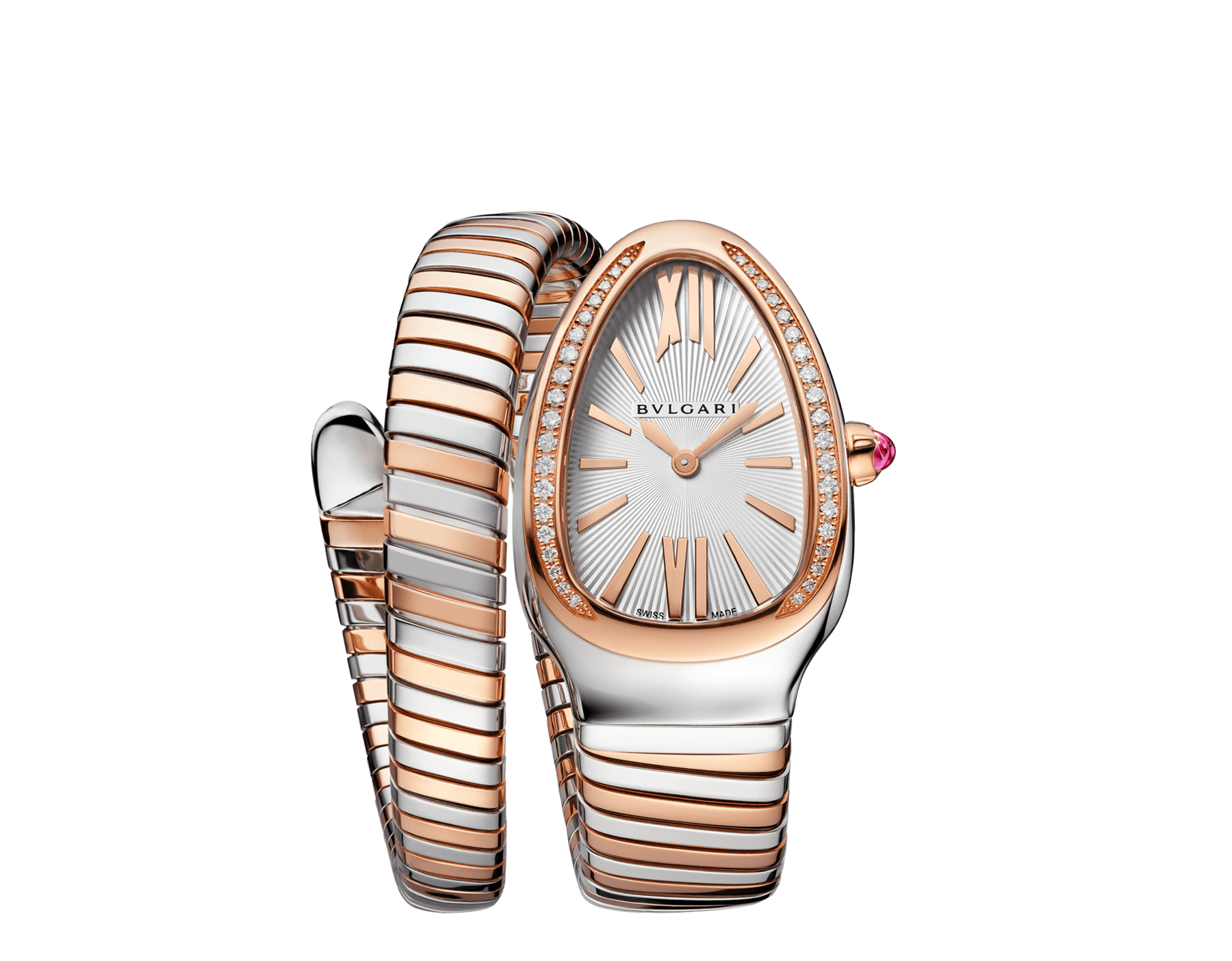 Serpenti Tubogas Lady watch, 35 mm stainless steel curved case, 18 kt rose gold bezel set with diamonds, 18 kt rose gold crown set with a cabochon cut pink rubellite, silver opaline dial with guilloché soleil treatment and hand-applied indexes, 18 kt rose gold and stainless steel single spiral bracelet. Quartz movement, hours and minutes functions. Water proof 30 m. SP35C6SPGD-1T-RG image 1