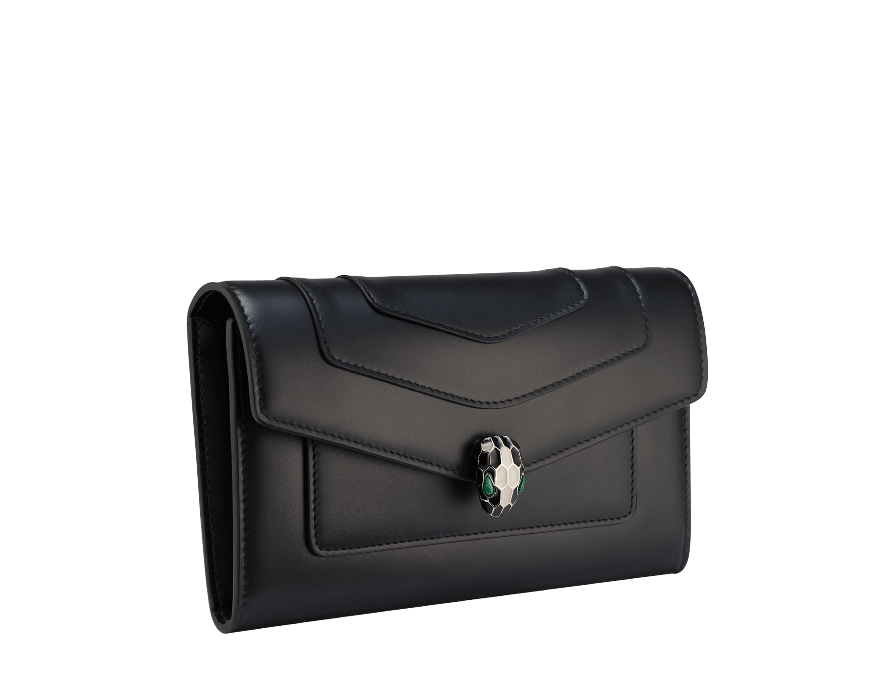 Serpenti Forever large wallet in black calf leather with emerald green nappa leather interior. Captivating snakehead press button closure in light gold-plated brass embellished with black and white agate enamel scales and green malachite eyes. SEA-LONGWLT-LCL image 1