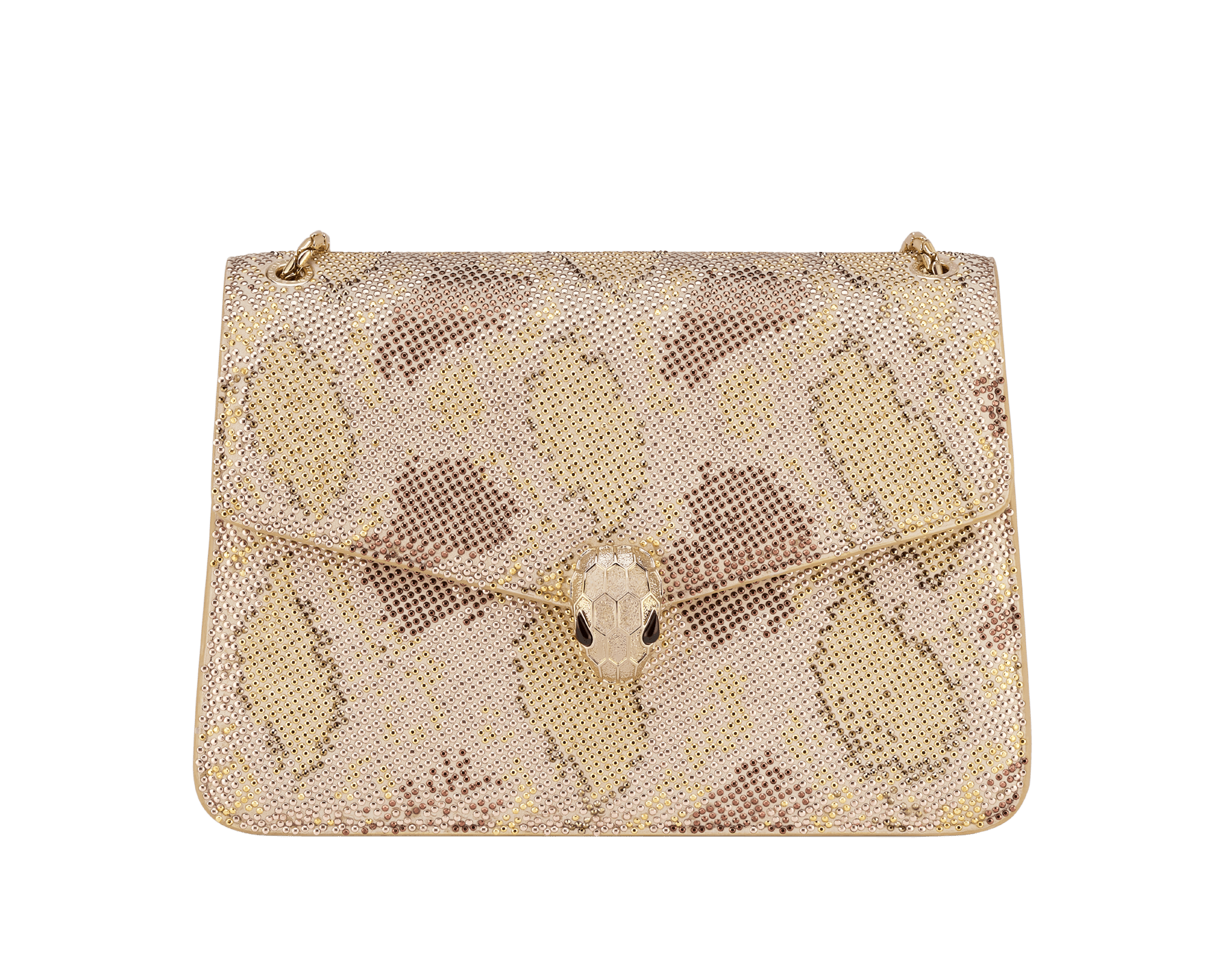 Borsa a spalla media Serpenti Forever in pelle scamosciata naturale con cristalli dorati di varie dimensioni e sfumature, e fodera in nappa nera. Accattivante chiusura magnetica Serpenti in ottone placcato oro chiaro con squame diamantate e occhi in onice nera. 292852 image 1