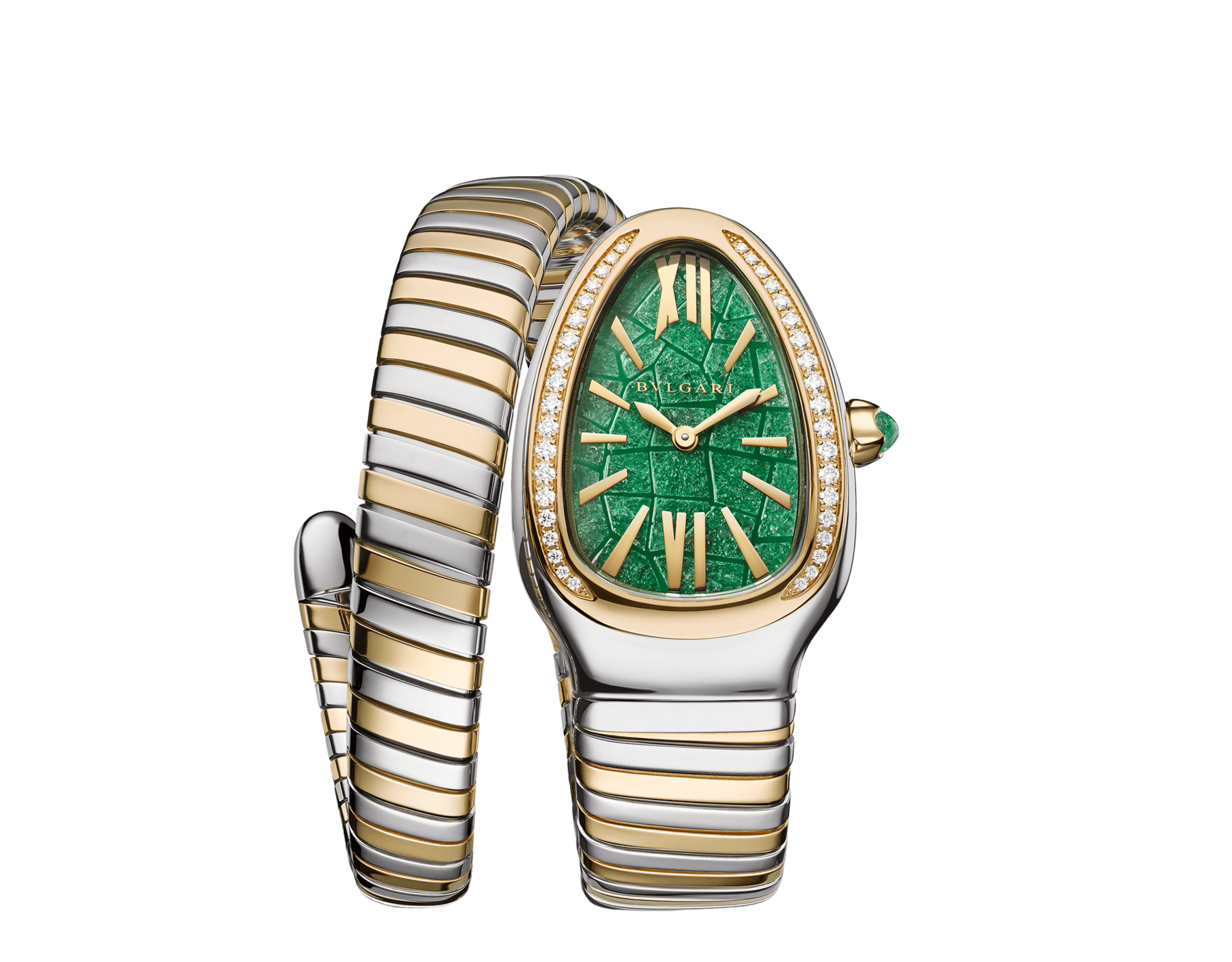 Часы лимитированной серии Tadao Ando x Bvlgari Serpenti Tubogas с браслетом в один виток, желтое золото 18 карат и нержавеющая сталь, бриллиантовое паве на безеле, циферблат из зеленого авантюрина. Водонепроницаемость до 30 метров. 104002 image 1