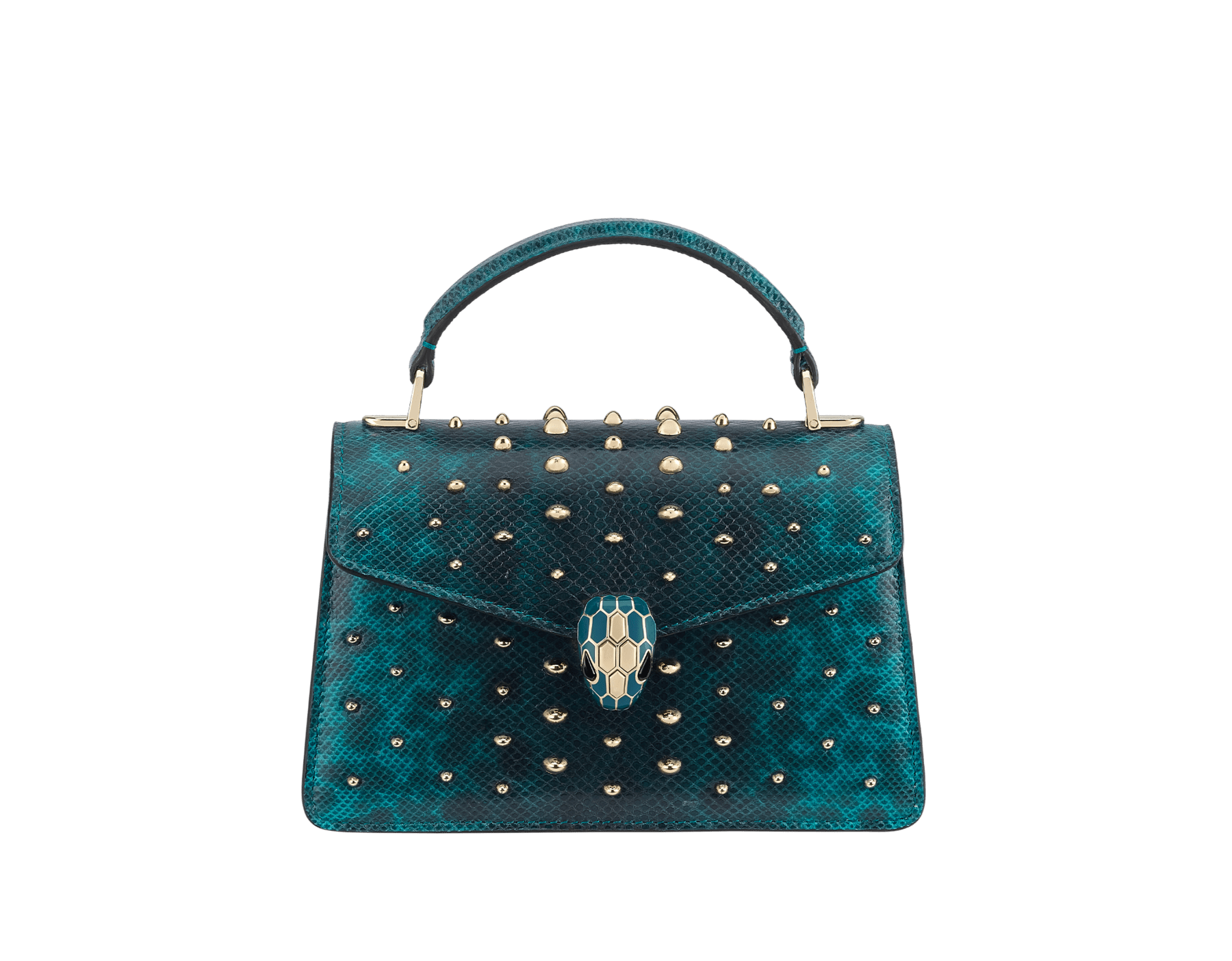 Serpenti Forever mini top handle bag in Laguna blue Cabochon shiny karung skin with metal studs and black nappa leather lining. Captivating snakehead magnetic closure in light gold-plated brass embellished with bright Laguna blue enamel and light gold-plated brass scales, and black onyx eyes. 293746 image 1