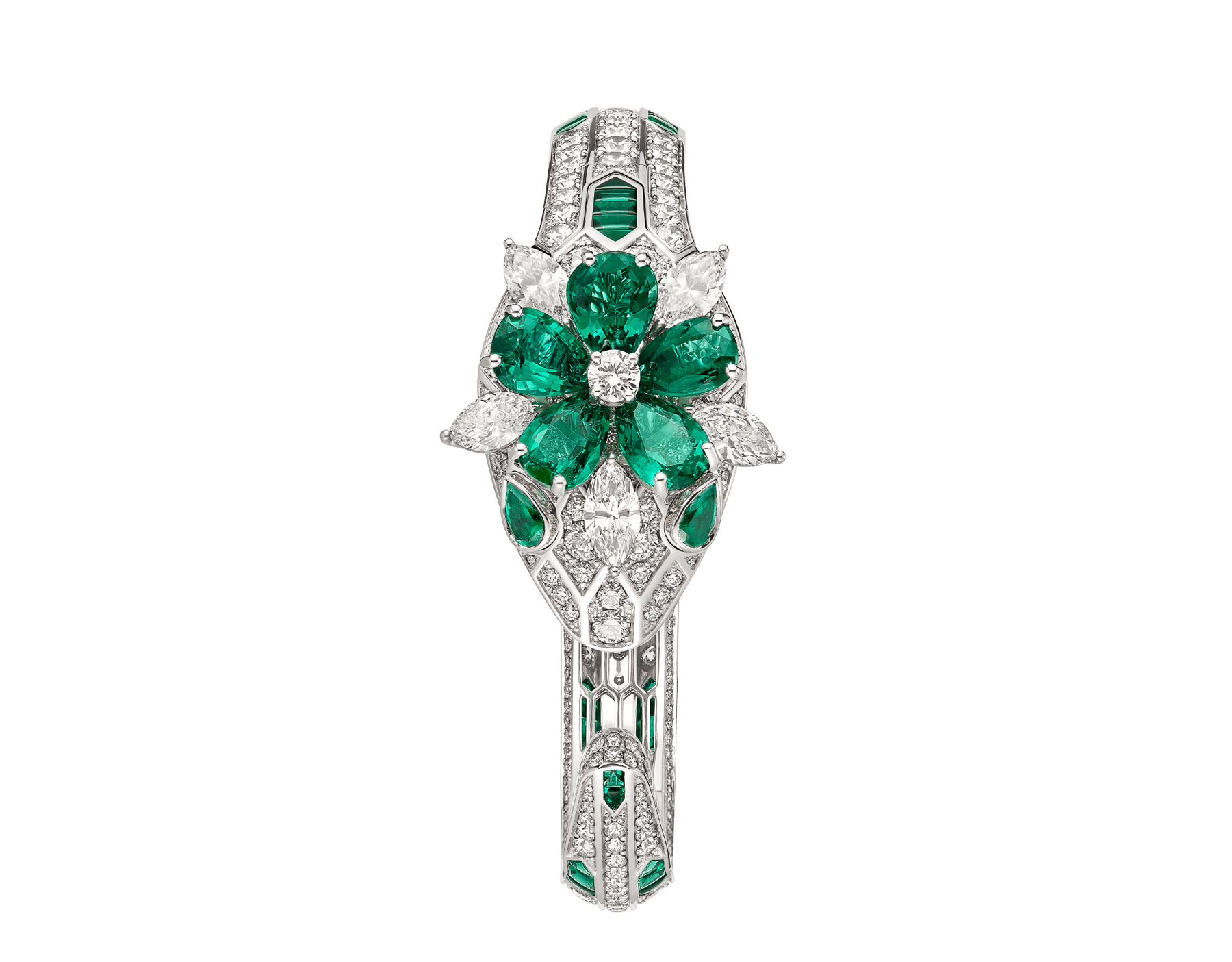 Serpenti Misteriosi Secret Watch with 18 kt white gold head set with brilliant-cut and marquise-shaped diamonds and pear-shaped emeralds and emerald eyes, 18 kt white gold case and dial both set with brilliant-cut diamonds, and 18 kt white gold bracelet set with brilliant-cut diamonds and buff-top cut emeralds 103037 image 1