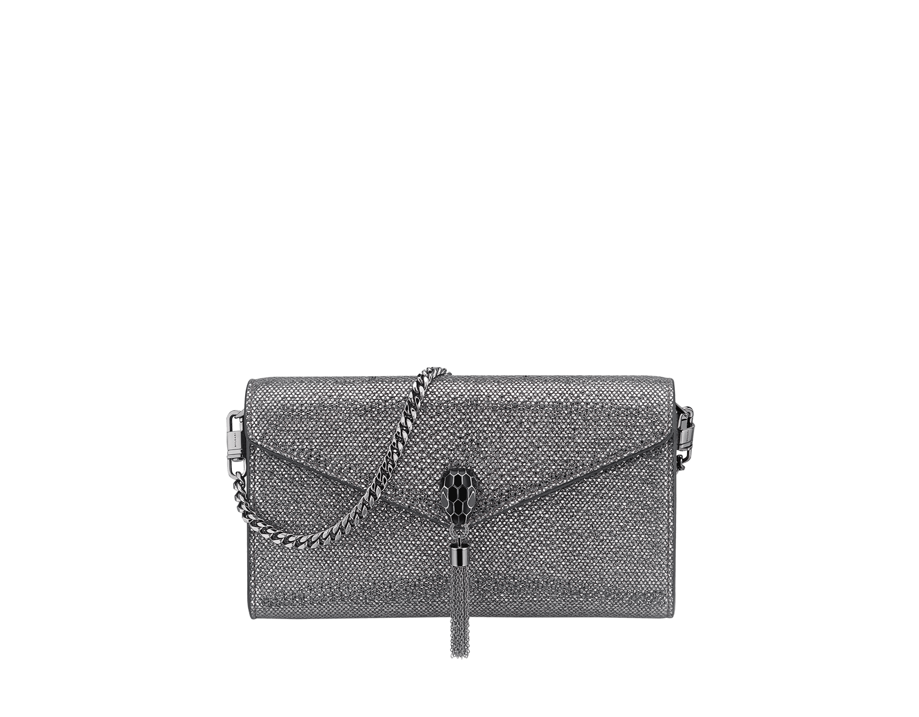 "Serpenti Forever" small pochette in white agate metallic karung skin and black nappa leather. Iconic snakehead stud closure with tassel in palladium plated brass, enamelled in matte and shiny black and finished with black enamel eyes. SMALLPOCHETTE-KARUNG image 1