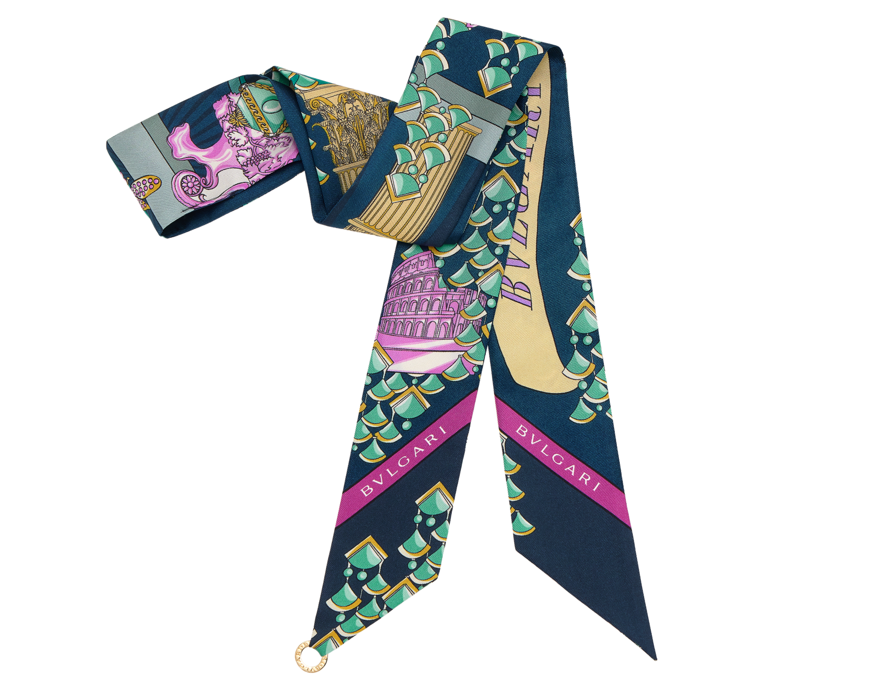 Étole Bvlgari Curiosity en sergé de soie fine couleur péridot clair dotée d’un pendentif en métal BVLGARI BVLGARI. Modèle confectionné à 100&nbsp;% de soie. BULGARICURIOSITYSH image 1